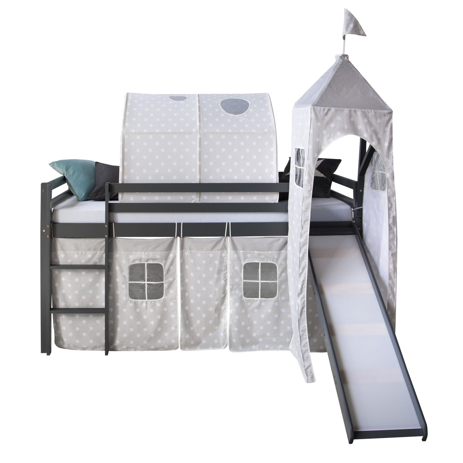 Lit Mezzanine Enfant 90x200 cm Gris avec Rideau Étoiles | Tunnel | Tour | Toboggan | sans Sommier