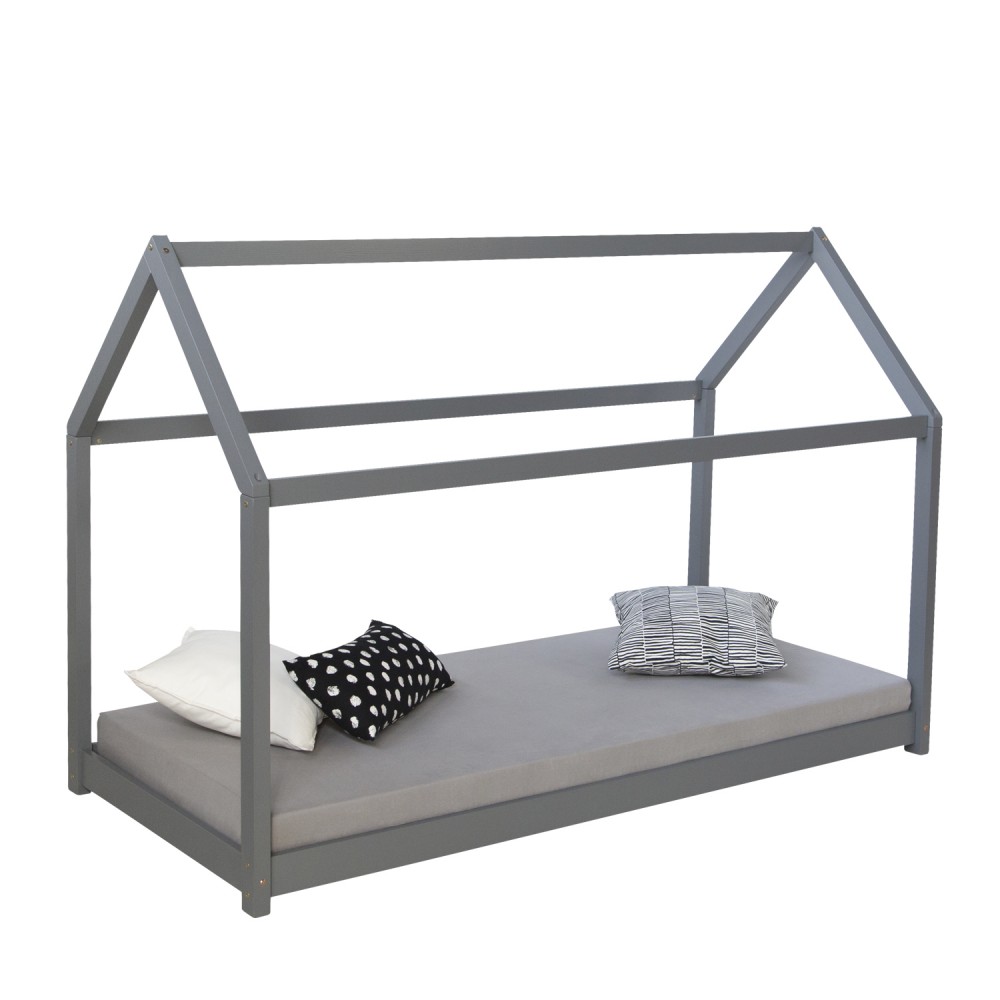 Lit Enfant 90x200 cm Gris | Lit Cabane | Lit Simple | avec Sommier | Bois | Lit au Sol