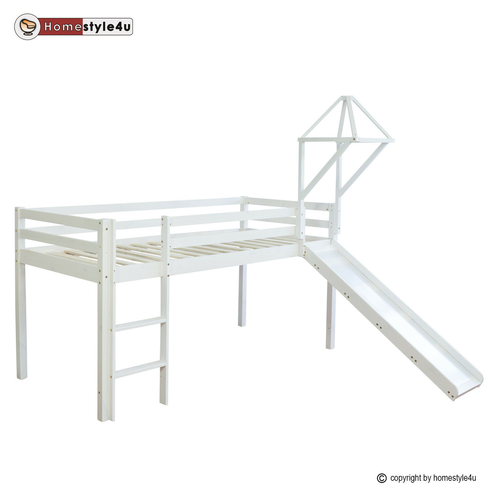 Loft Bed Kids 90x200 cm White with Curtain in Pink | Tower | Slide | without Slatted Frame Loft Bed Kids 90x200 cm White with Curtain Blue | Tunnel | Tower | Slide | without Slatted Frame