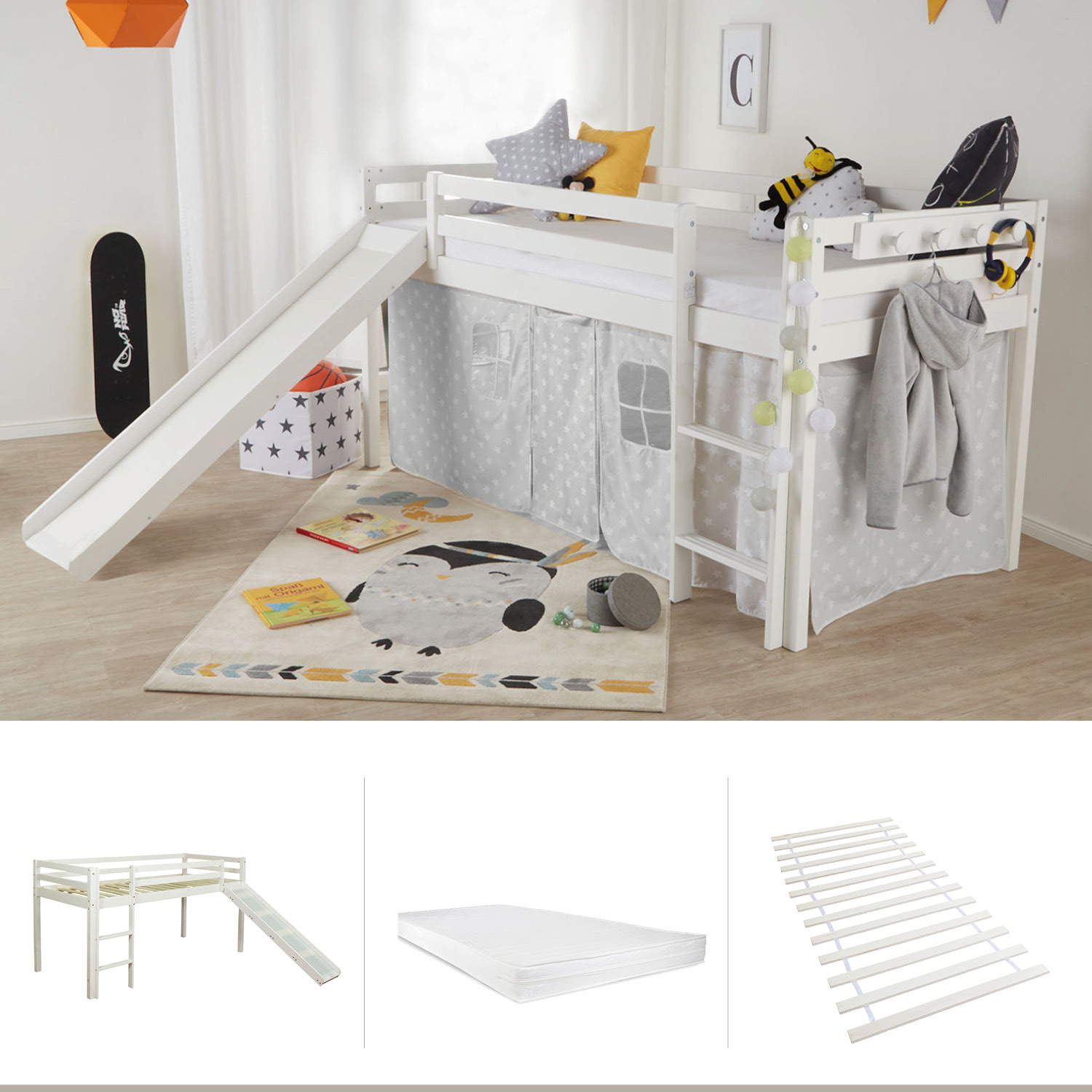 Loft Bed with Mattress Slatted Frame Slide 90x200 cm Children's Bed Bunk Bed White Play Bed
