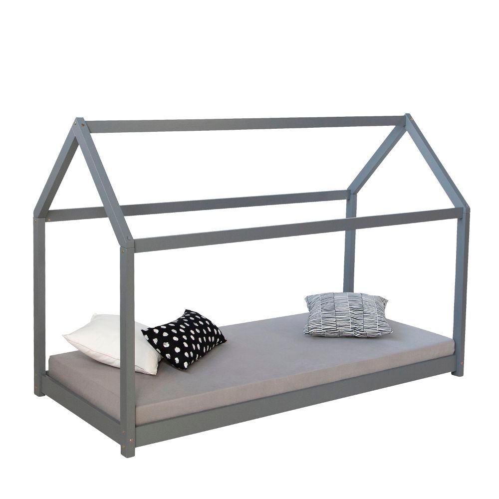 Lit Enfant 90x200 cm Gris | Lit Cabane | Lit Simple | avec Sommier | Bois | Lit au Sol