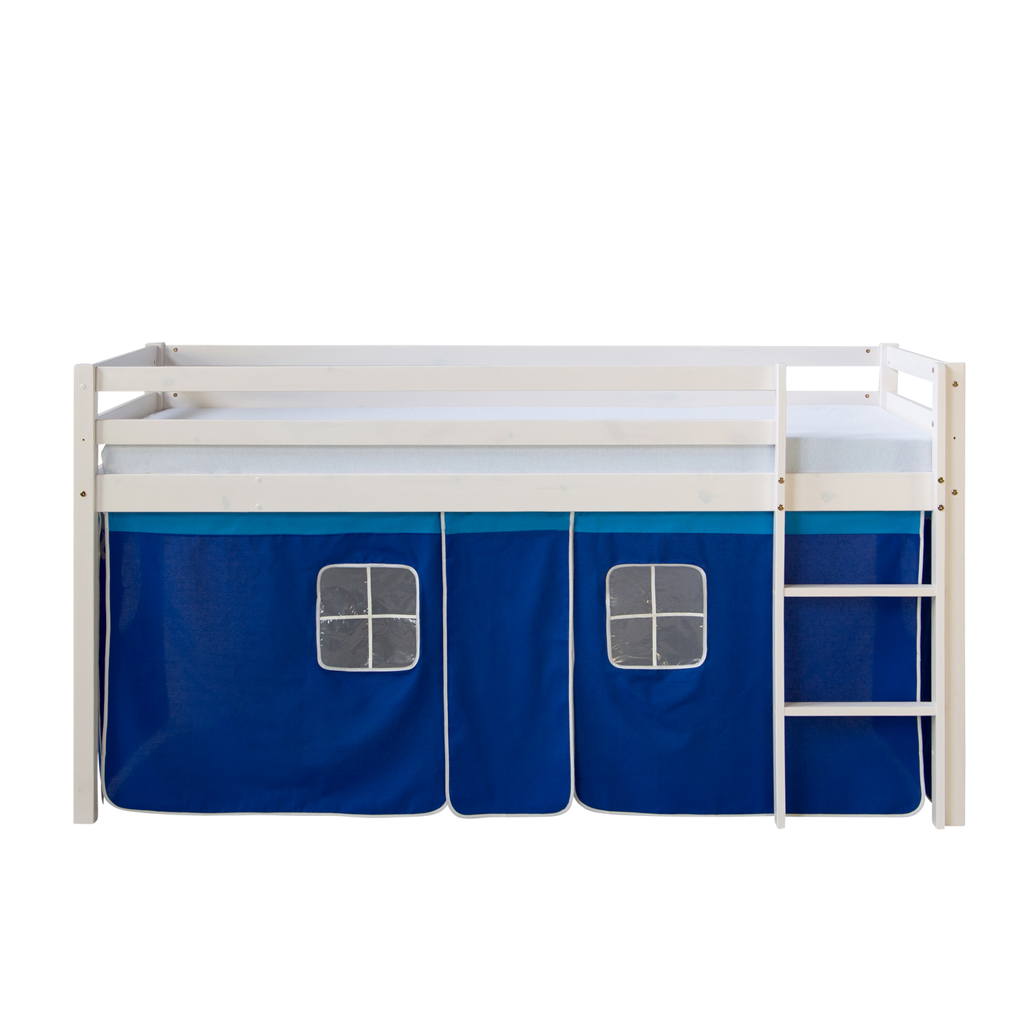 Loft Bed Kids 90x200 cm White with Curtain Blue | without Slatted Frame Loftbed 90x200 cm with Mattress Bunk bed Childrens bed Solid Pine Wood Slats Curtain Blue