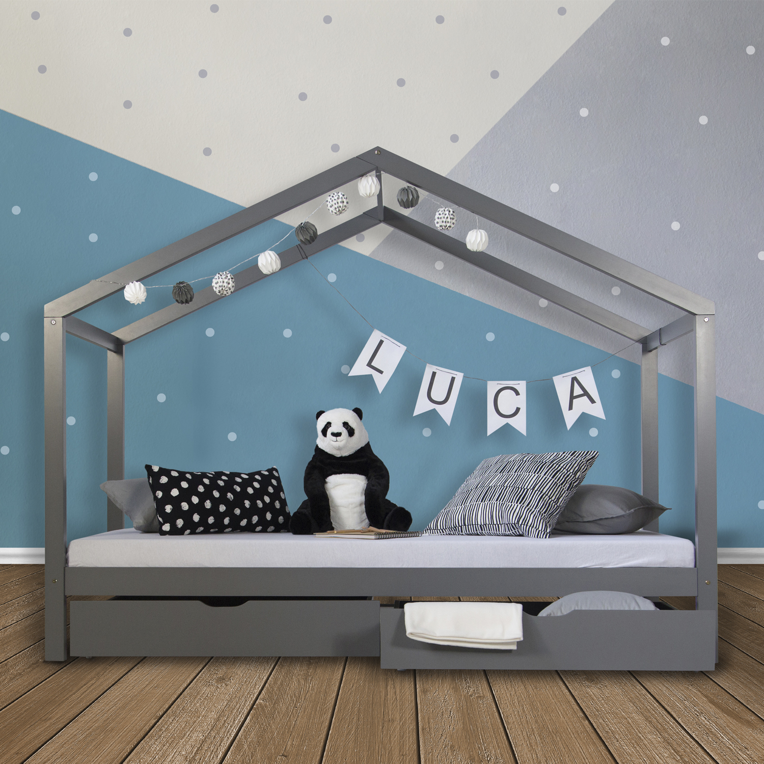 Children's Bed 90x200 cm Gray | House Bed with Drawers | Single Bed | with Slatted Frame | Wood