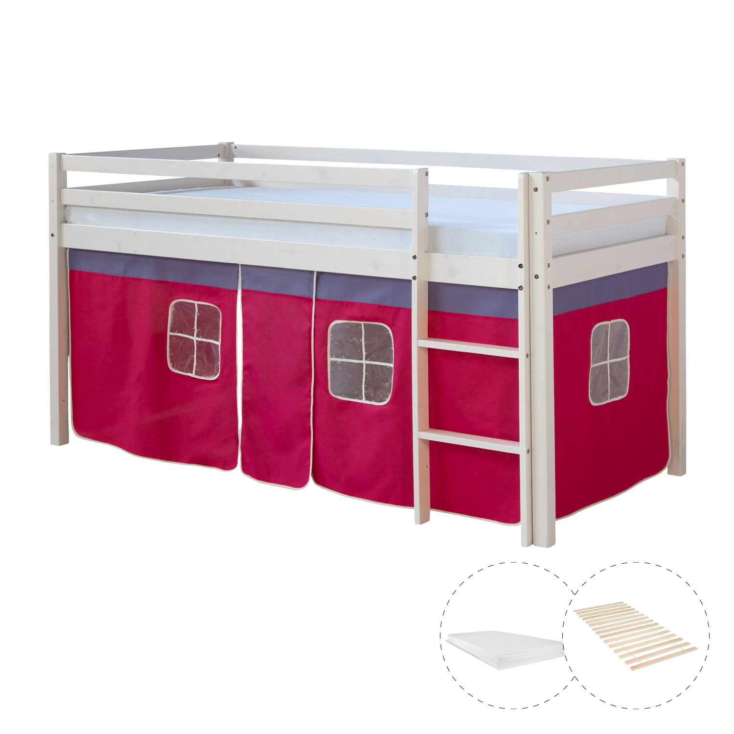 Loftbed 90x200 cm with Mattress Bunk bed Childrens bed Solid Pine Wood Slats Curtain Pink Loftbed 90x200 cm with Mattress Bunk bed Childrens bed Solid Pine Wood Slats Curtain Pink
