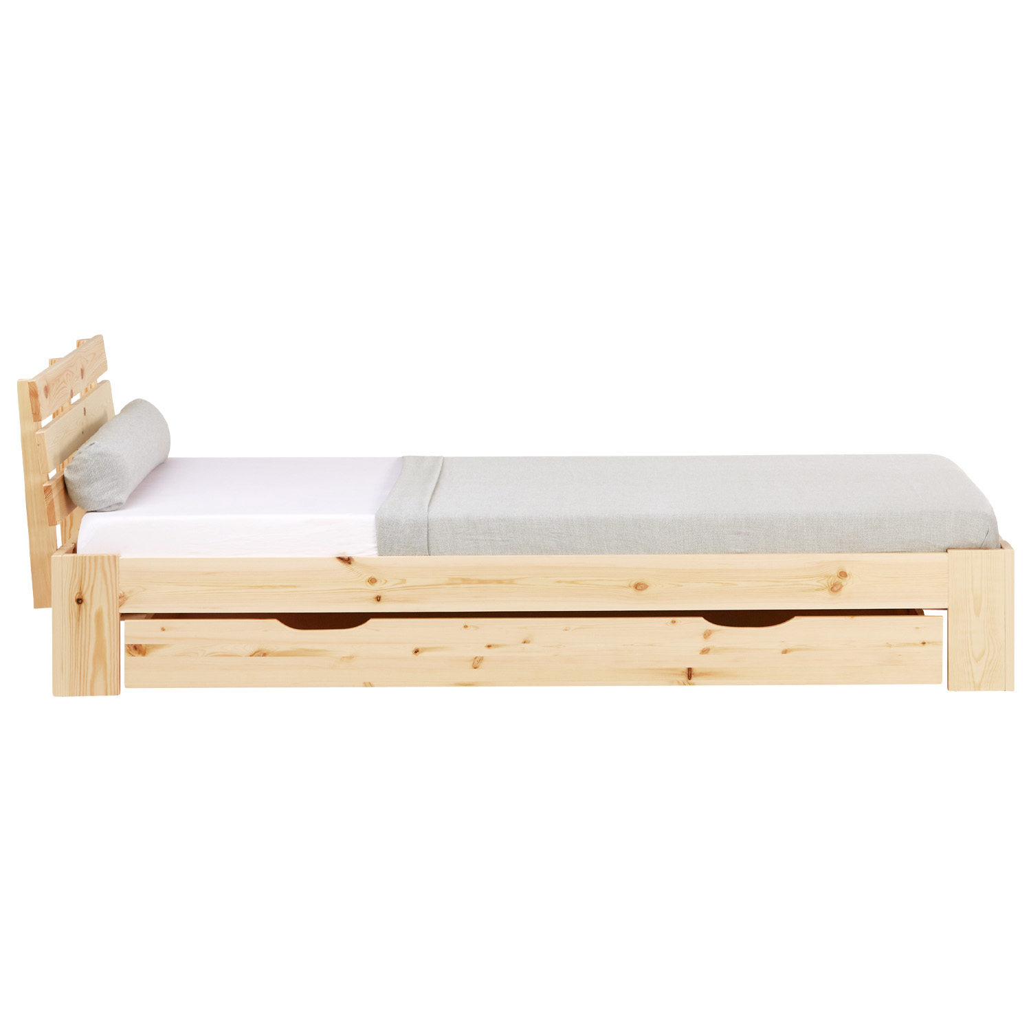 Wood Bed 90x200 cm Natural | Single Bed with Storage Drawer | with Slatted Frame | Solid | Kids Youth Guest Bedroom