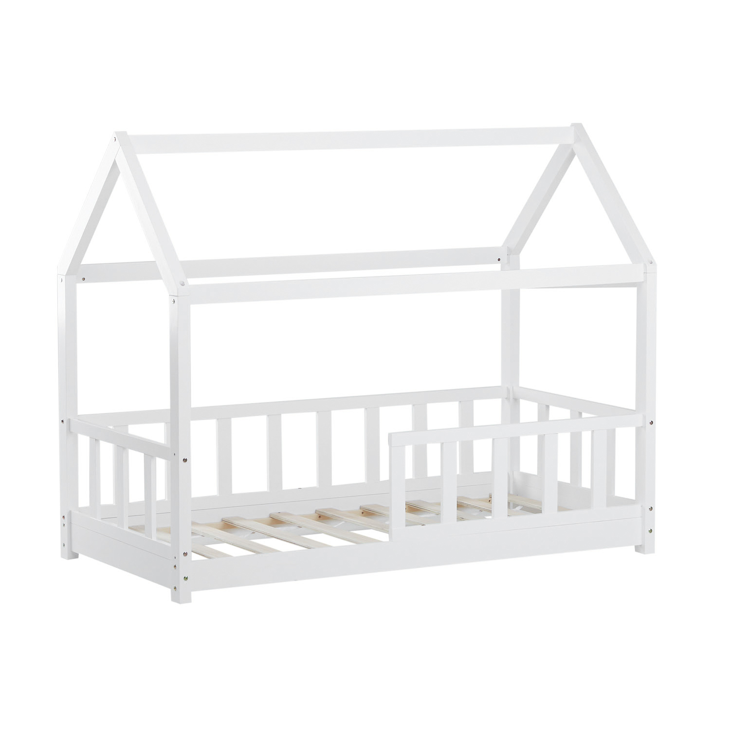 Children's Bed 80x160 cm White | House Bed with Fall Protection | Montessori | Single Bed | with Slatted Frame | Wood