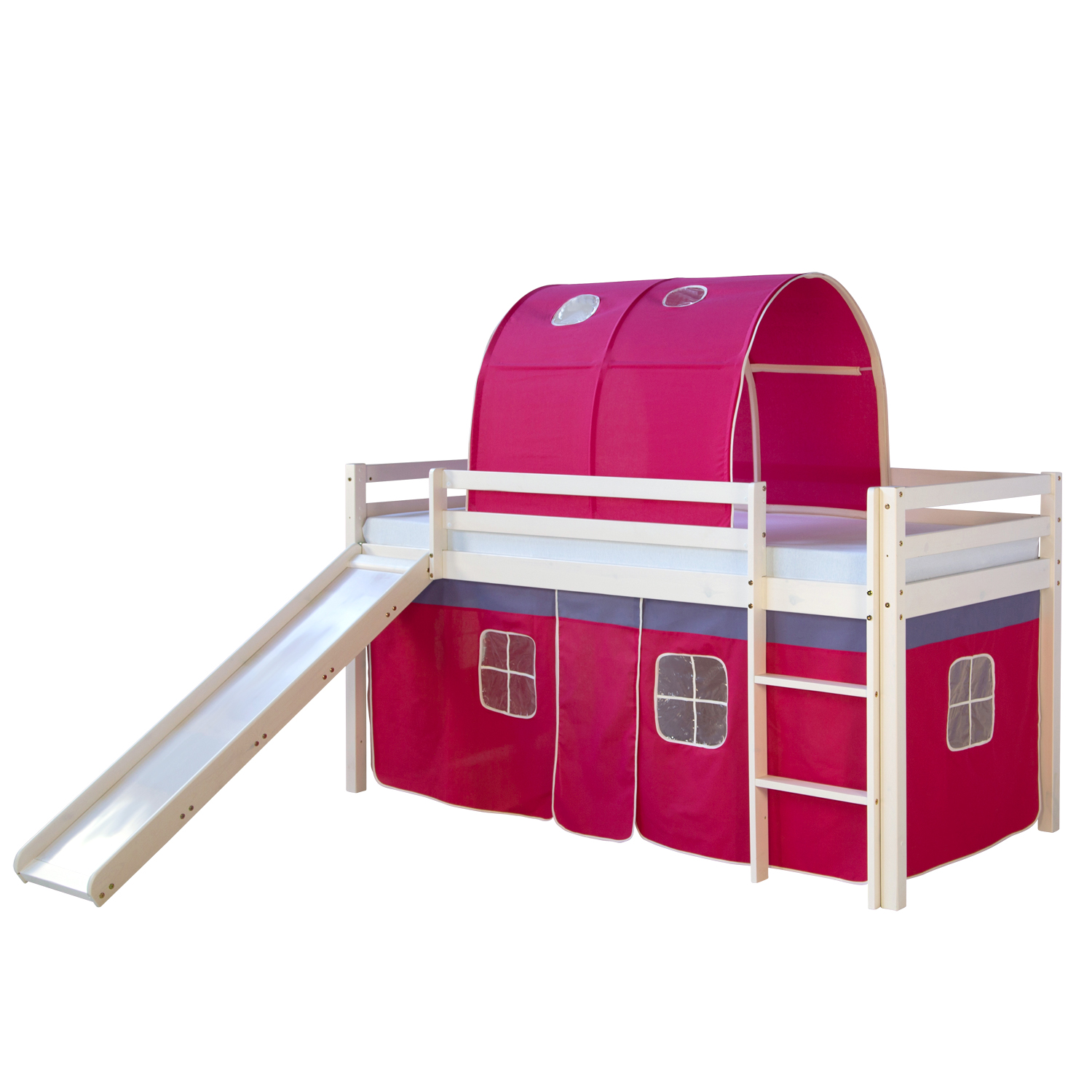Loft Bed Kids 90x200 cm White with Curtain in Pink | Tunnel | Slide | without Slatted Frame Loftbed with Mattress 90x200 cm Slide Bunk bed Childrens bed Solid Pine Wood Curtain Tunnel Pink Slatts
