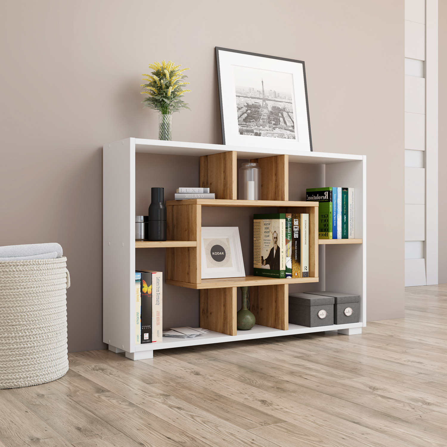 Shelf 4 Versions Floor or Wall Shelf 7 Compartments Bookcase Oak White Wood Solid Modern