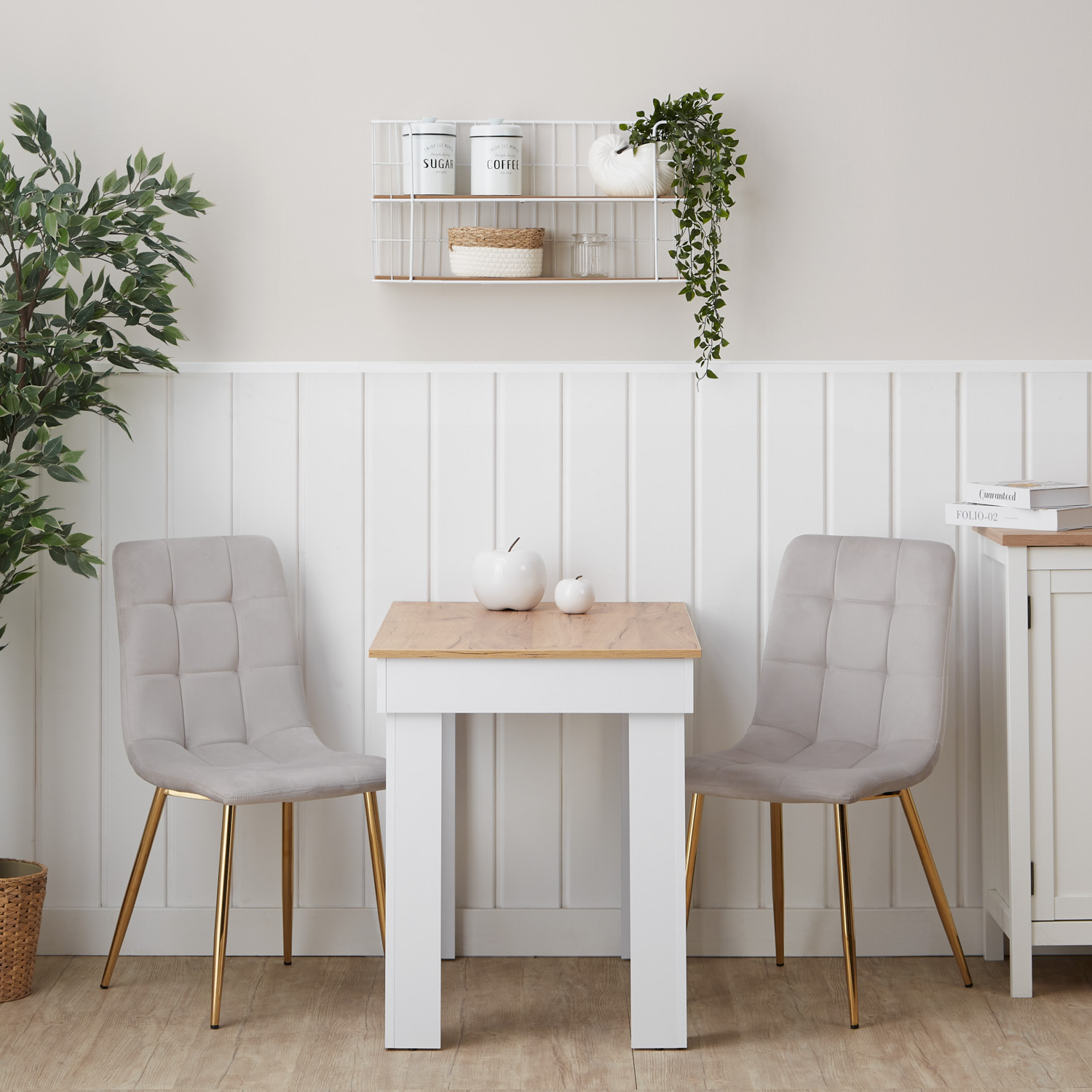 Modern Dining Table Wood Oak White 90x60 cm with 2 Creme Velvet Chairs Dining Room Table Wooden Table Modern Dining Table Wood Oak White 90x60 cm with 2 Creme Velvet Chairs Dining Room Table Wooden Table