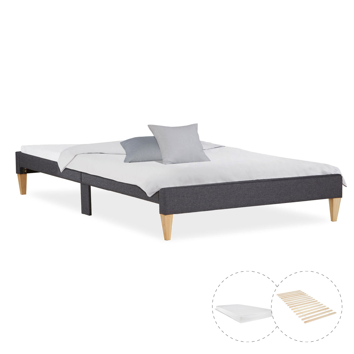 Upholstered Bed with Mattress 90x200 cm Slatts Grey Fabric Bed Single Bed Futon Bed Frame Platform Bed