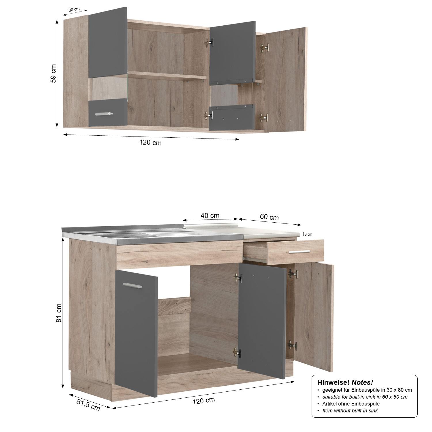 Küchenzeile ohne Geräte 120 cm Grau | Eiche | Singleküche | Miniküche | Küchenelement