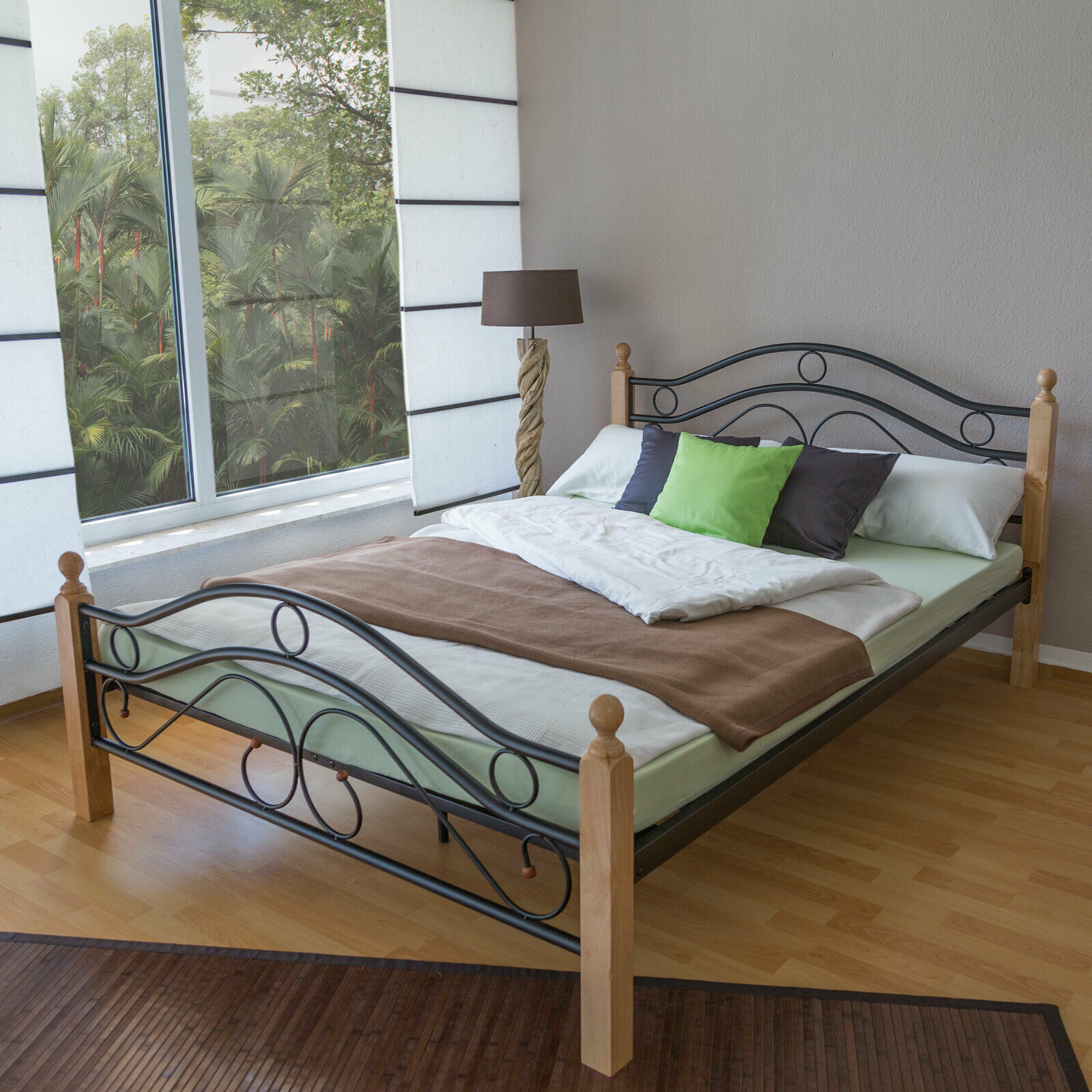 Metal Bed Iron Bed Double 180 x 200 Wood Slatted black natural bed frame 803 Metal Bed Iron Bed Double 160 x 200 Wood Slatted black natural bed frame 803