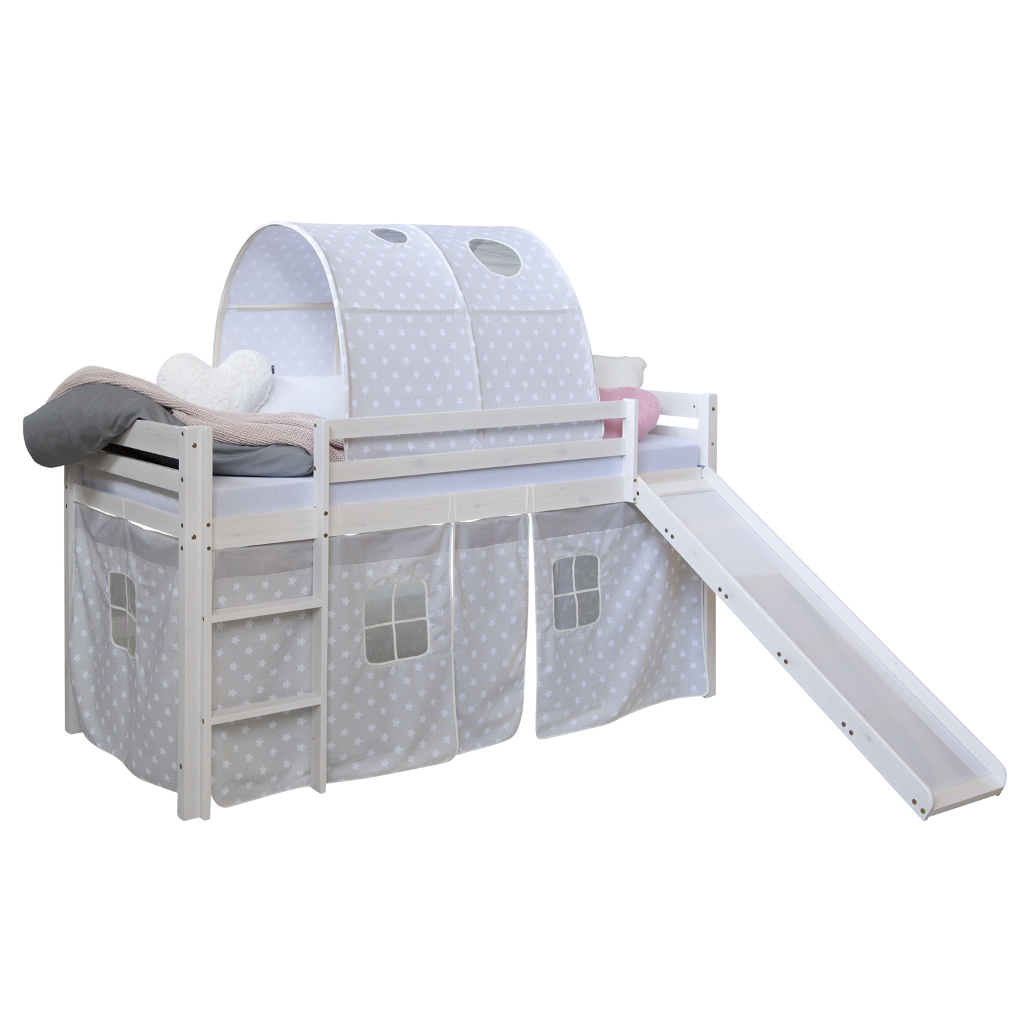 Loft Bed Kids 90x200 cm White with Curtain Stars | Tunnel | Slide | without Slatted Frame