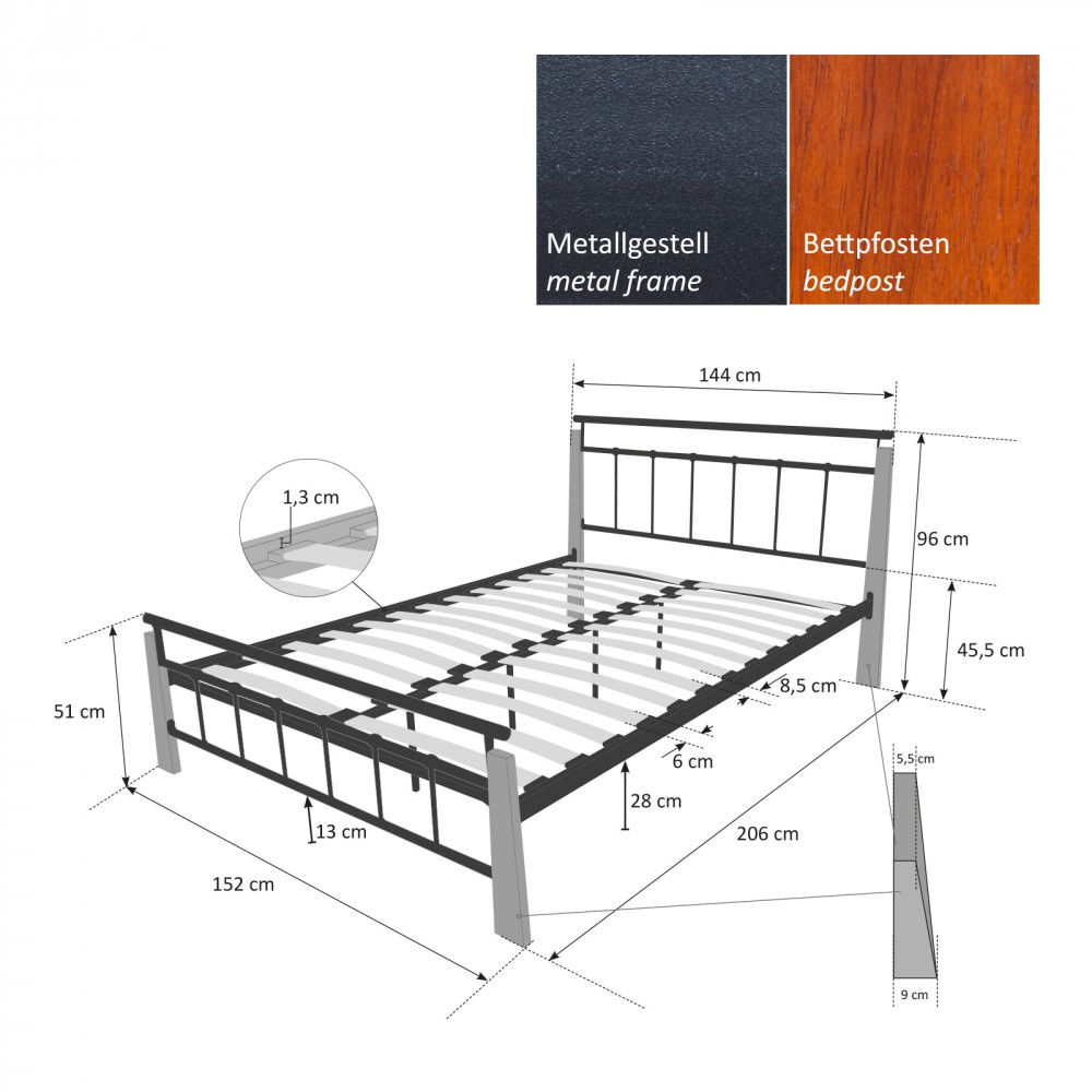 Metallbett 180 x 200 Bettgestell Doppelbett Bettrahmen + Lattenrost 5072 schwarz