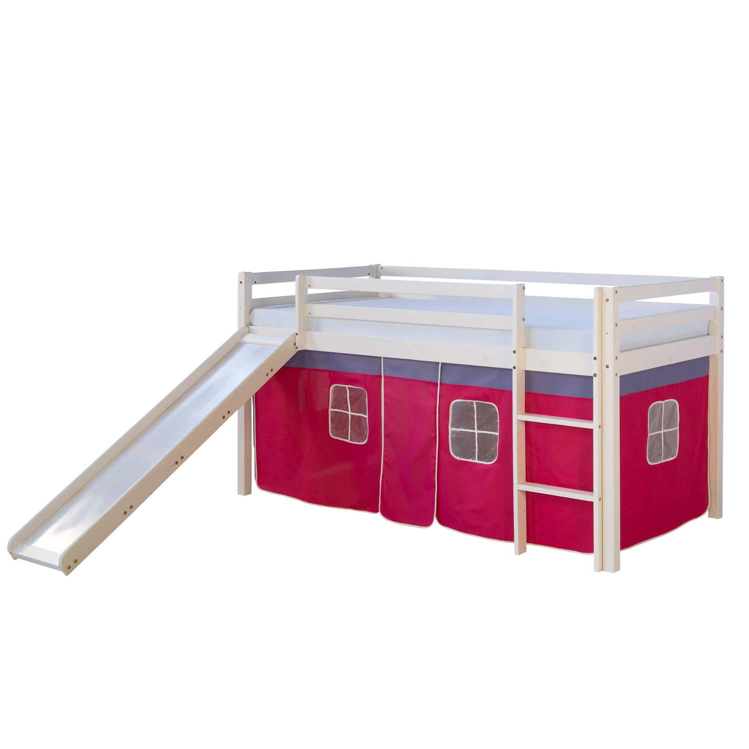 Loft Bed Kids 90x200 cm White with Curtain in Pink | Slide | without Slatted Frame Loftbed 90x200 cm with Slide Mattress Bunk bed Childrens bed Solid Pine Wood Slats Curtain Pink