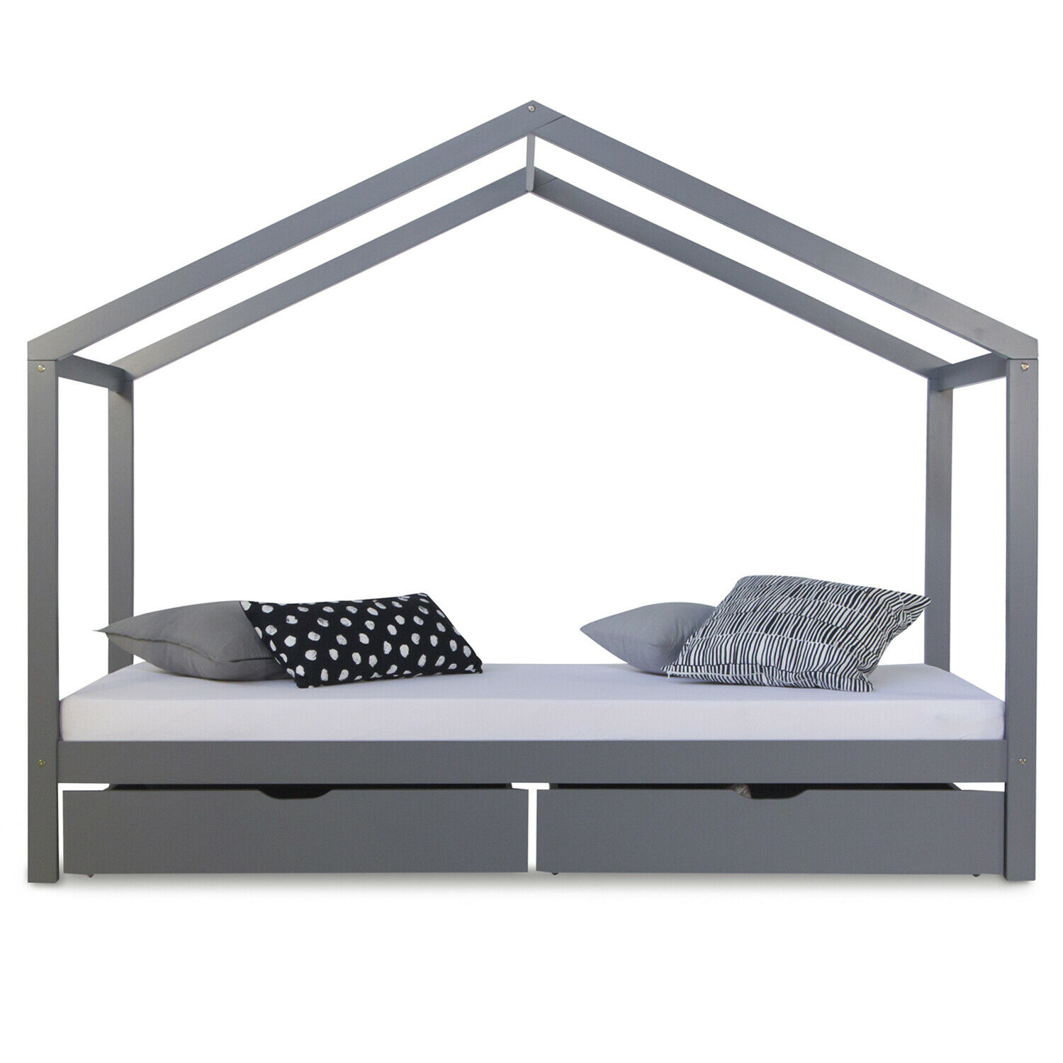 Children's Bed 90x200 cm Gray | House Bed with Drawers | Single Bed | with Slatted Frame | Wood