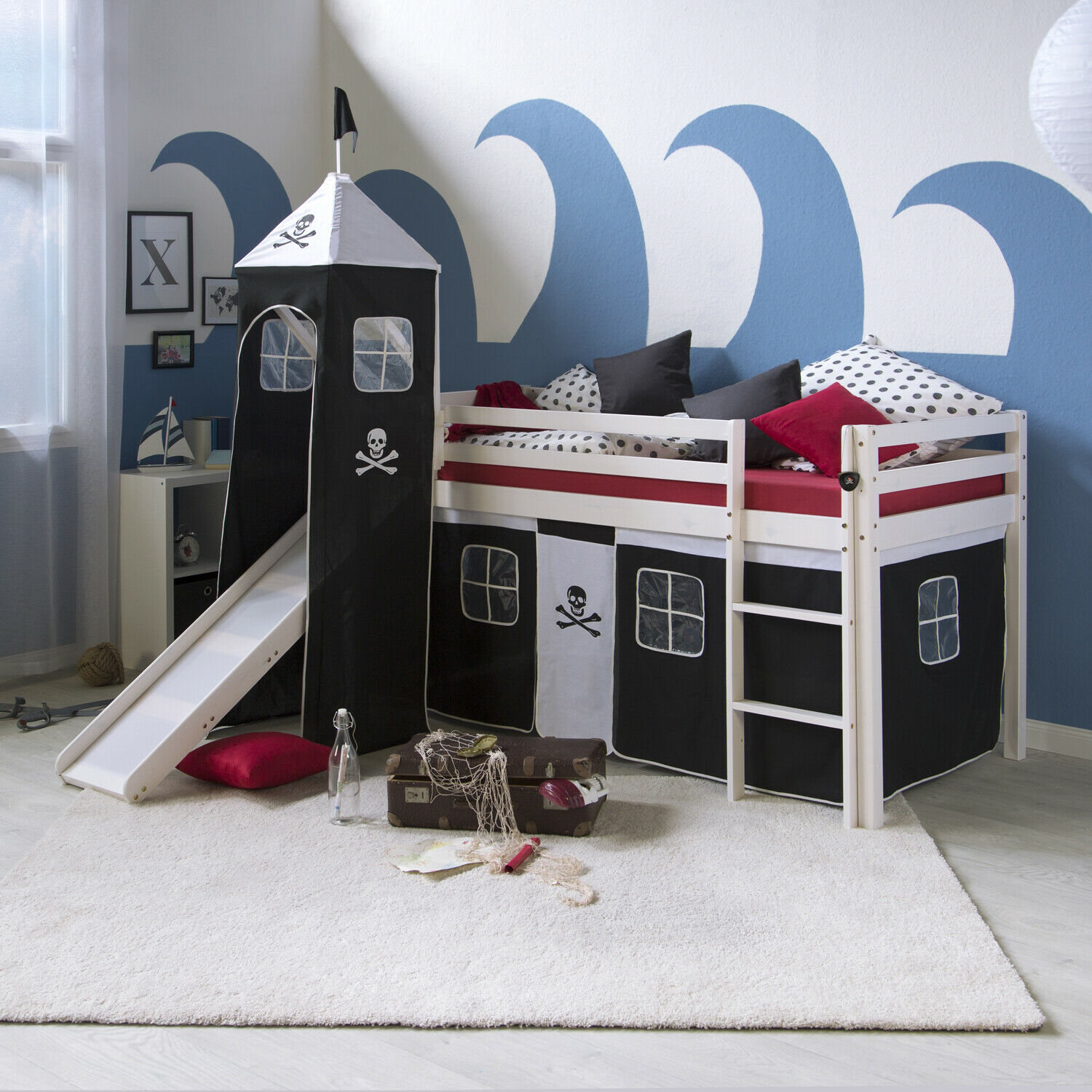 Loft Bed Kids 90x200 cm White with Curtain in Black | Tower | Slide | without Slatted Frame Loft Bed Kids 90x200 cm White with Curtain in Black | Tower | Slide | without Slatted Frame