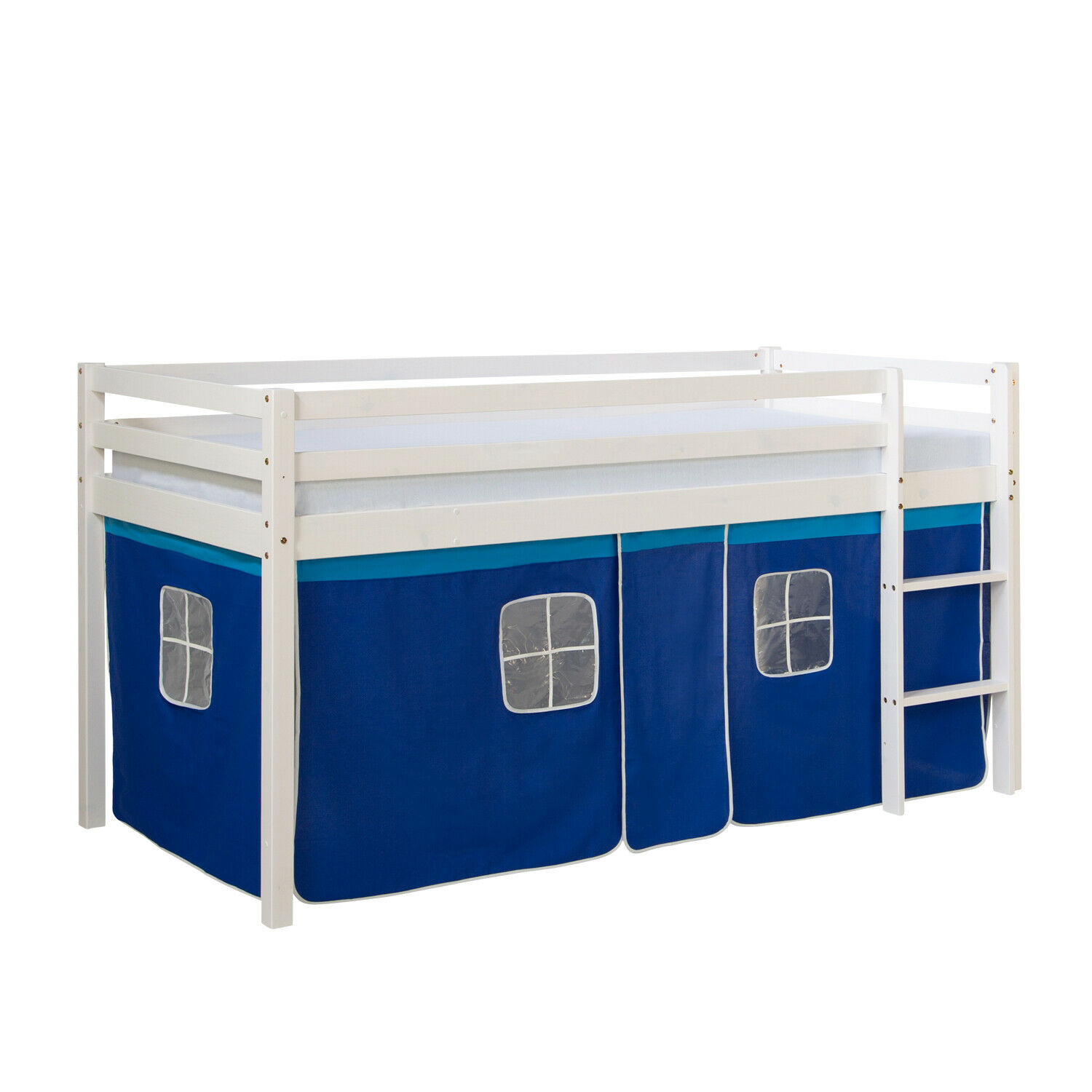 Loft Bed Kids 90x200 cm White with Curtain Blue | without Slatted Frame Loft Bed Kids 90x200 cm White with Curtain Blue | without Slatted Frame