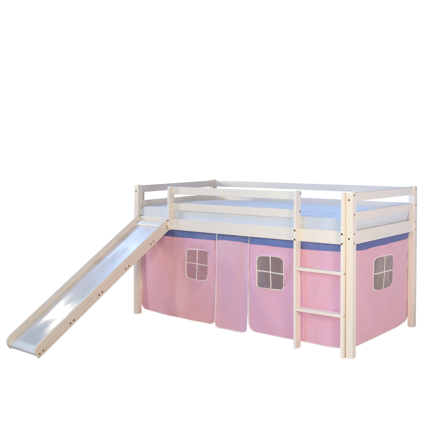 Loft Bed Kids 90x200 cm White with Curtain in Pink | Slide | with Slatted Frame Loft Bed Kids 90x200 cm White with Curtain in Pink | Slide | with Slatted Frame
