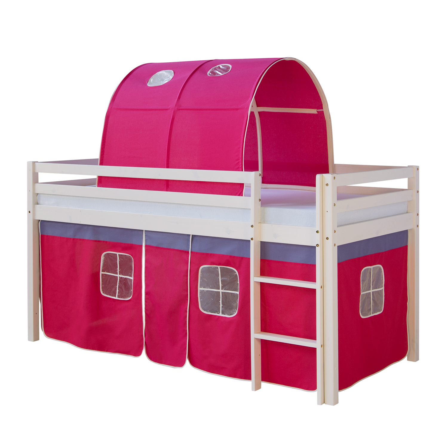 Loft Bed Kids 90x200 cm White with Curtain in Pink | Tunnel | without Slatted Frame