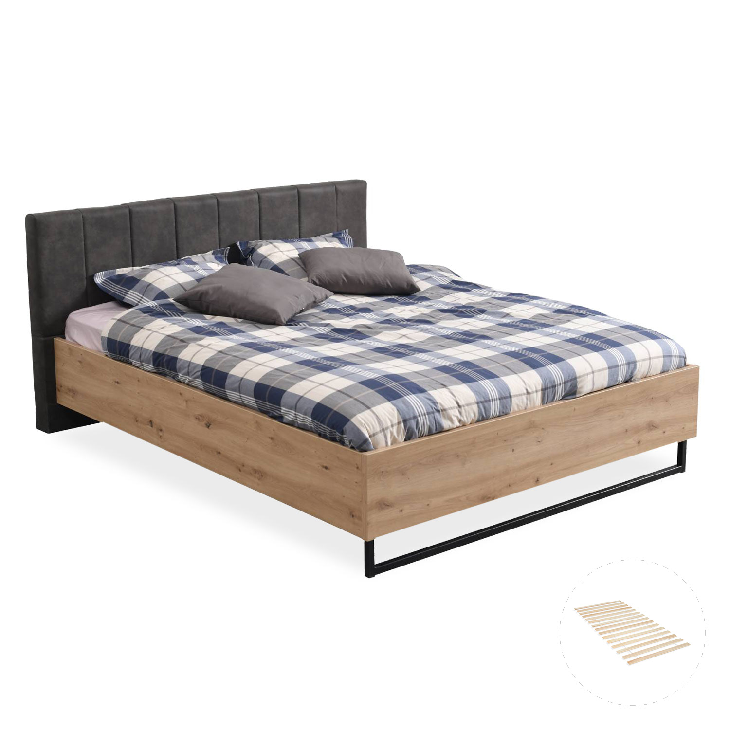 Doppelbett Holzbett Polsterbett 180x200 cm Bett Lattenrost Eiche Stoff Grau Industrial Style