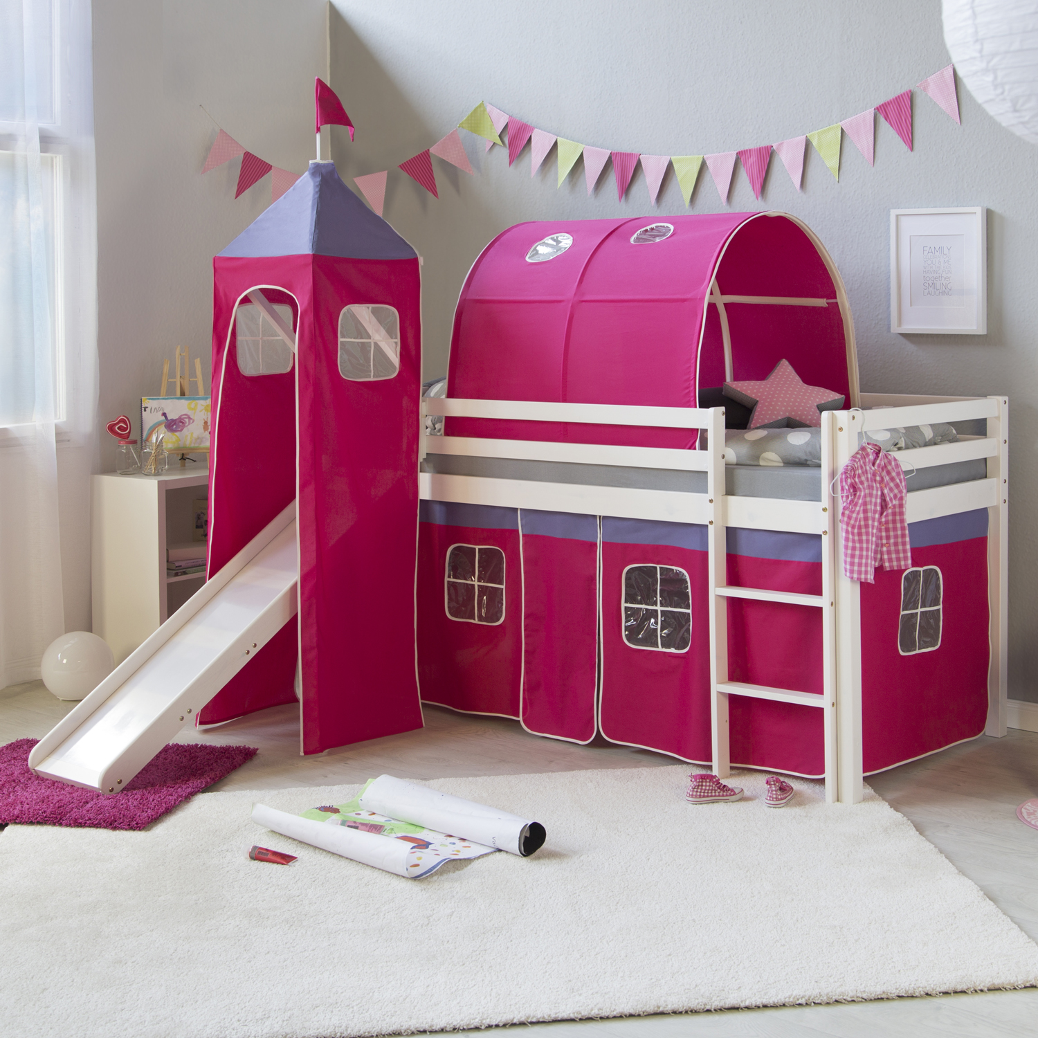 Lit Mezzanine Enfant 90x200 cm Blanc avec Rideau Rose | Tunnel | Tour | Toboggan | sans Sommier