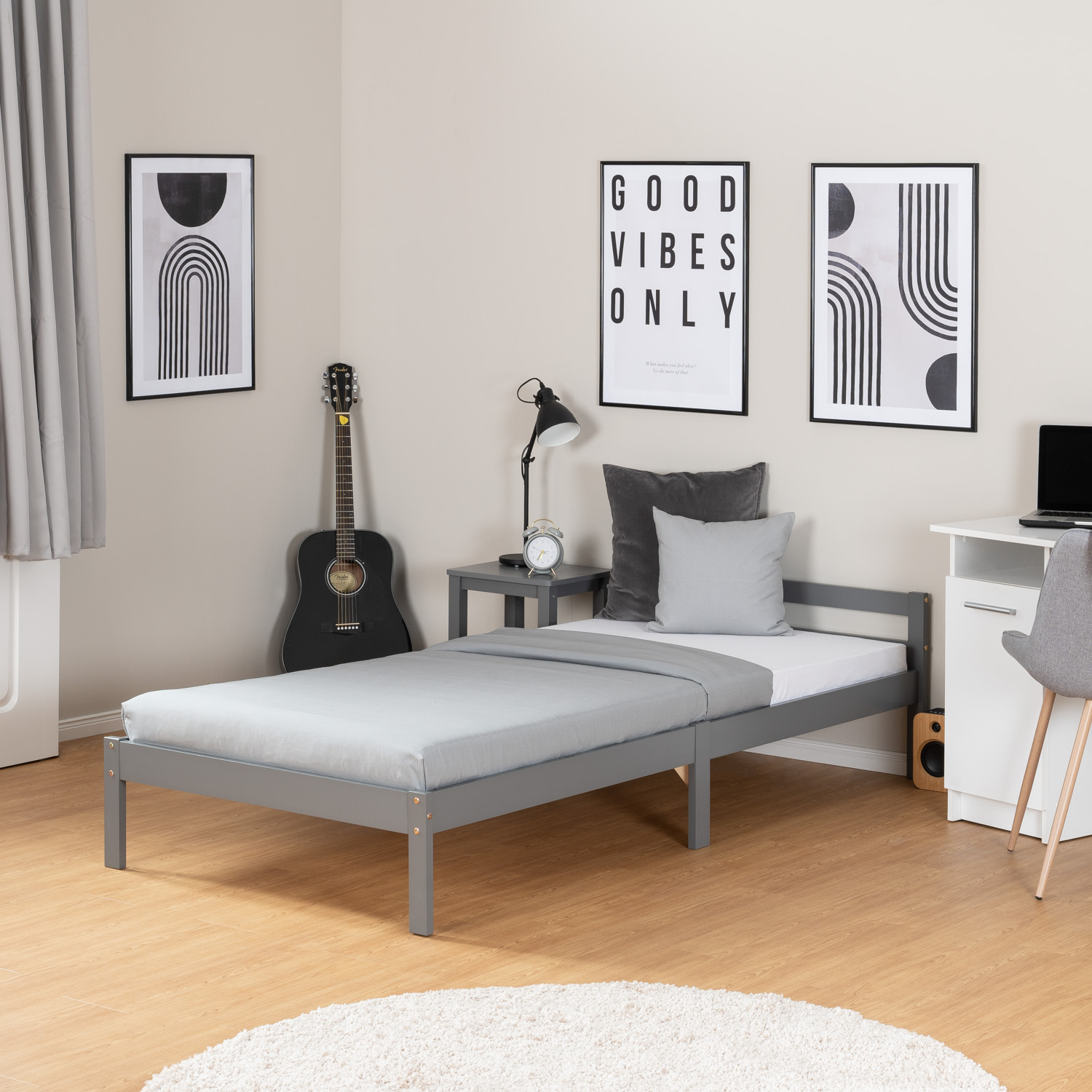 Lit Palette 90x200 cm Gris | Lit Simple | avec Sommier | Bois | Chambre Enfant, Adolescent, Invité