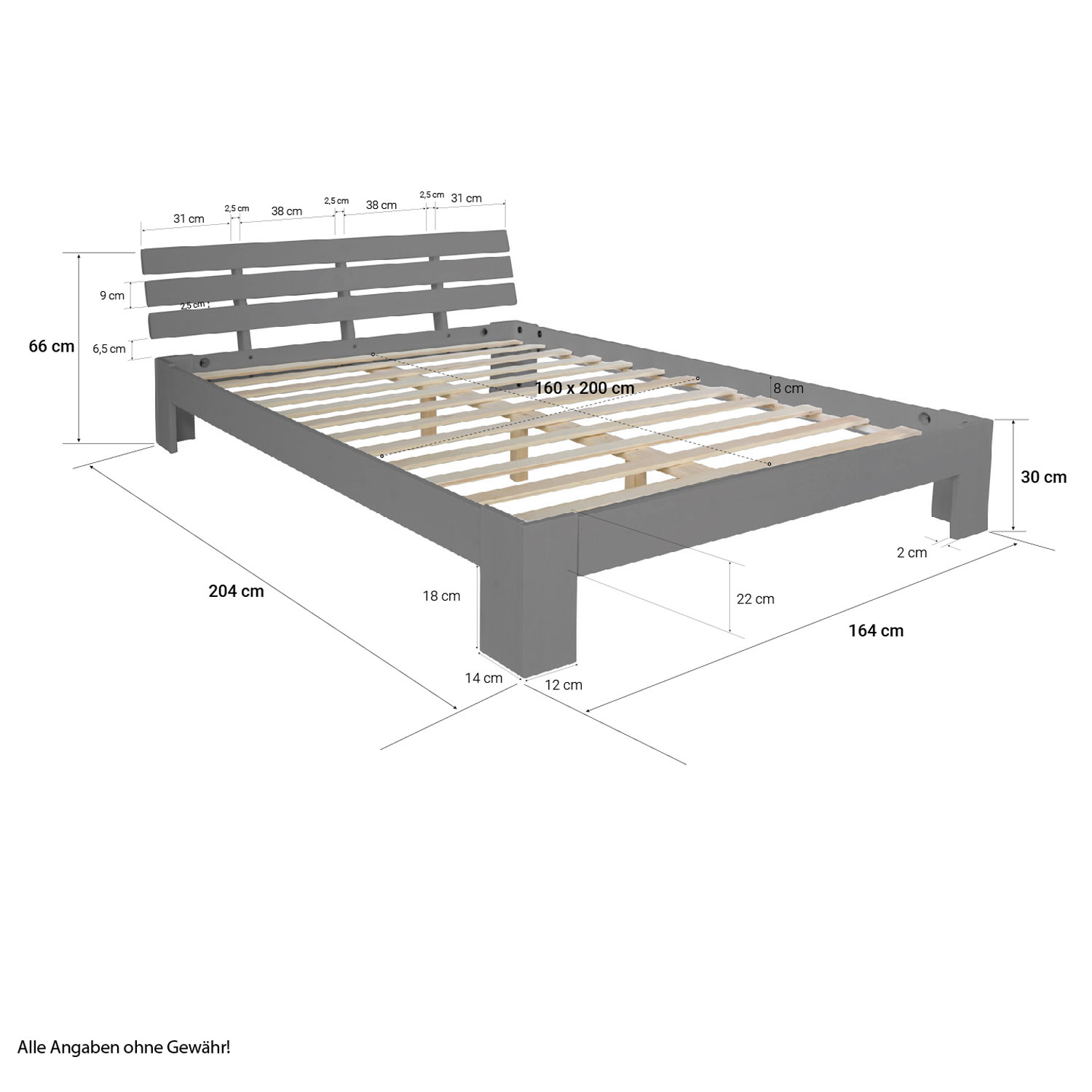 Wood Bed 160x200 cm Gray | Double Bed | with Slatted Frame | Solid | Kids Youth Guest Bedroom