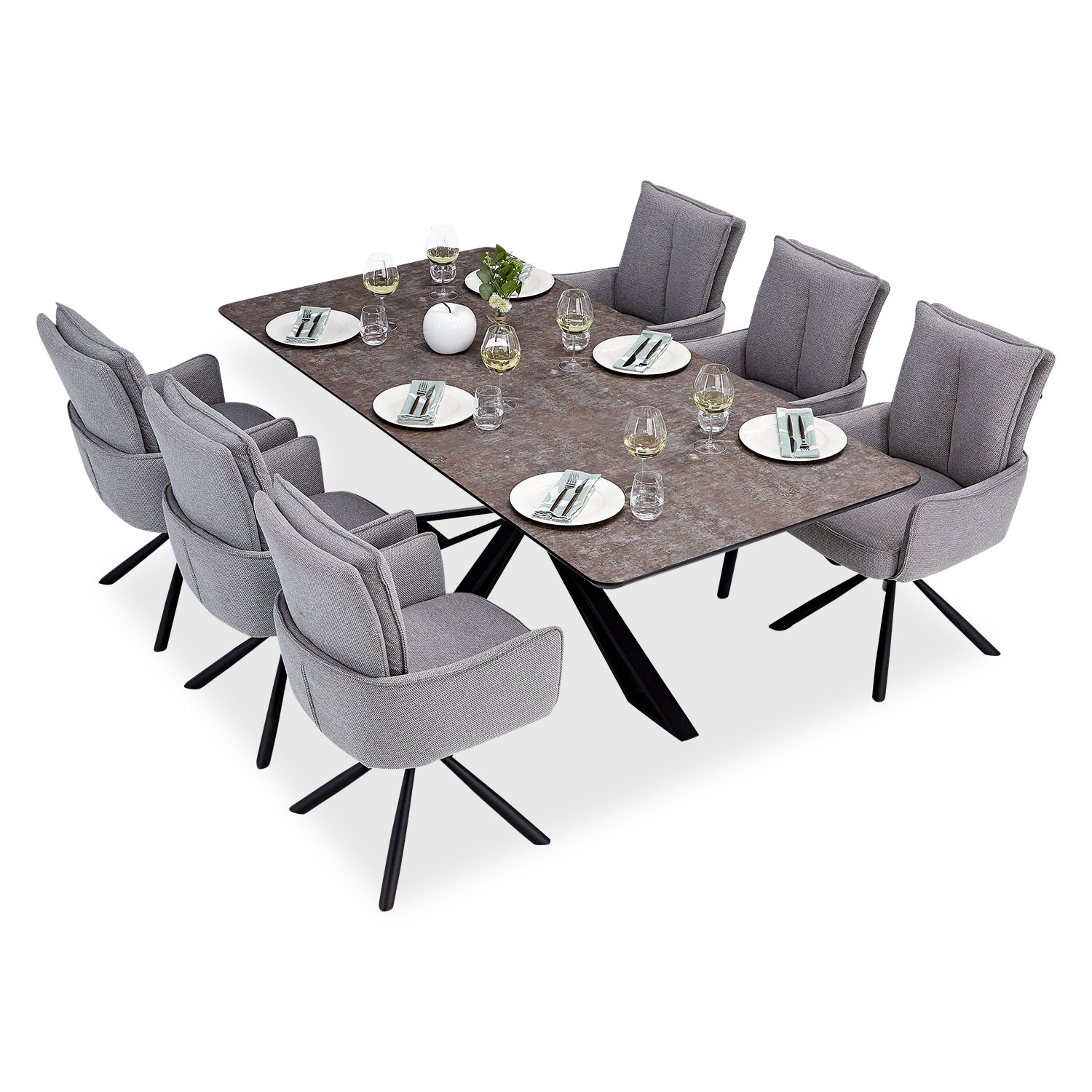 Modern Dining Table 200x100 cm Brown Black with 6 Grey Fabric Chairs Dining Room Table 8 Seater Industrial Look