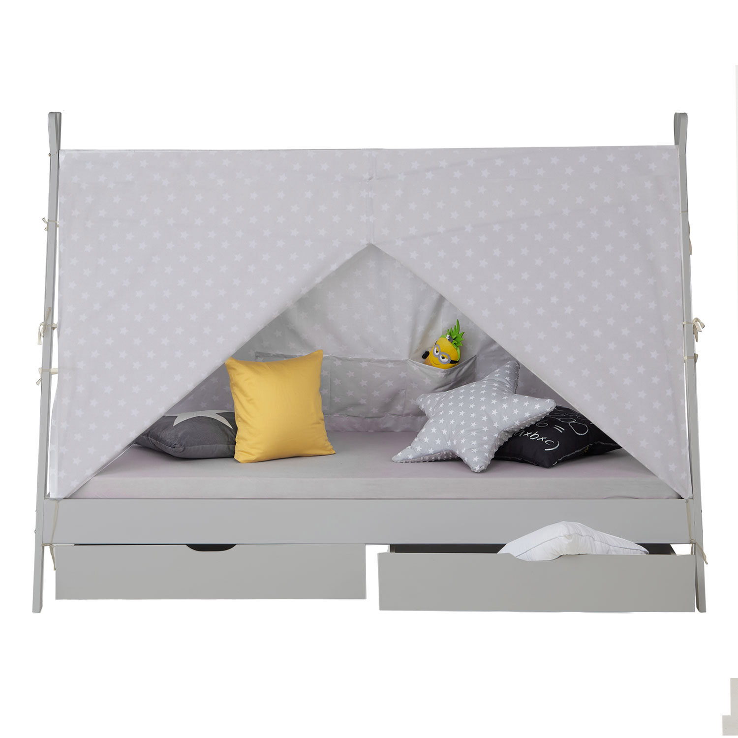 Children's Bed 90x200 cm Gray Gray Fabric | Tent Bed with Drawers | Single Bed | with Slatted Frame | Wood