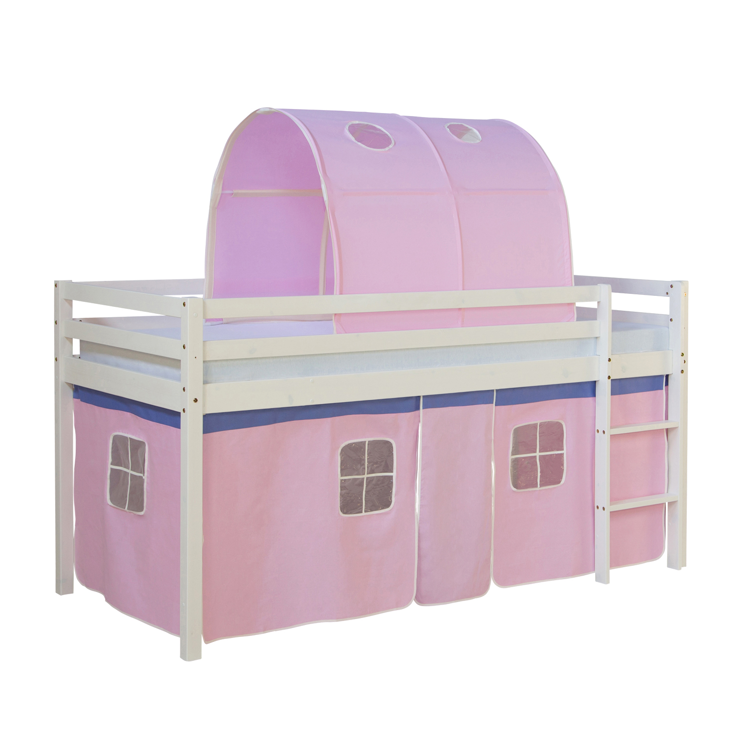 Loft Bed Kids 90x200 cm White with Curtain in Pink | Tunnel | with Slatted Frame Loft Bed Kids 90x200 cm White with Curtain in Pink | Tunnel | with Slatted Frame