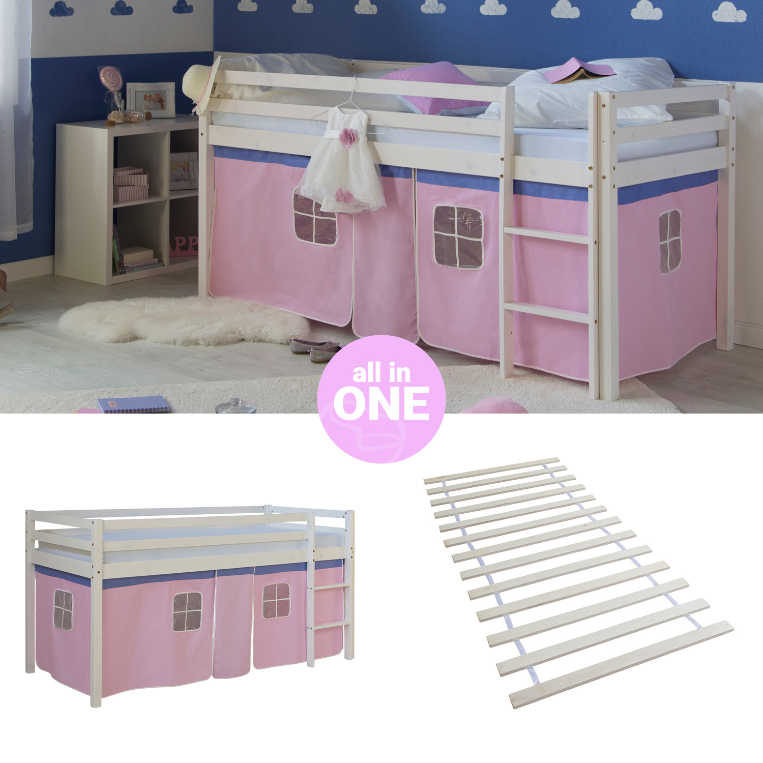 Loft Bed Kids 90x200 cm White with Curtain in Pink | with Slatted Frame