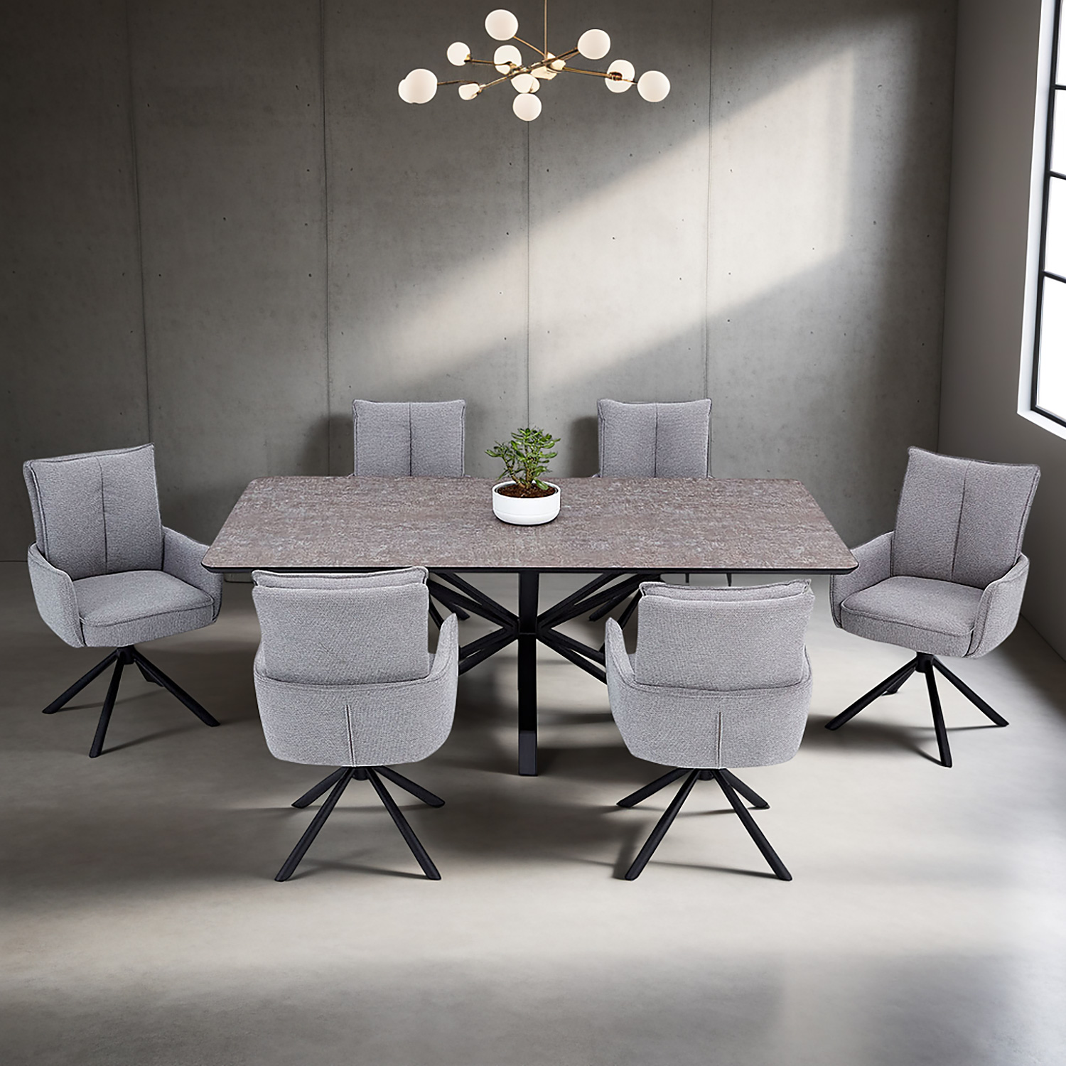 Modern Dining Table 200x100 cm Brown Black with 6 Grey Fabric Chairs Dining Room Table 8 Seater Industrial Look