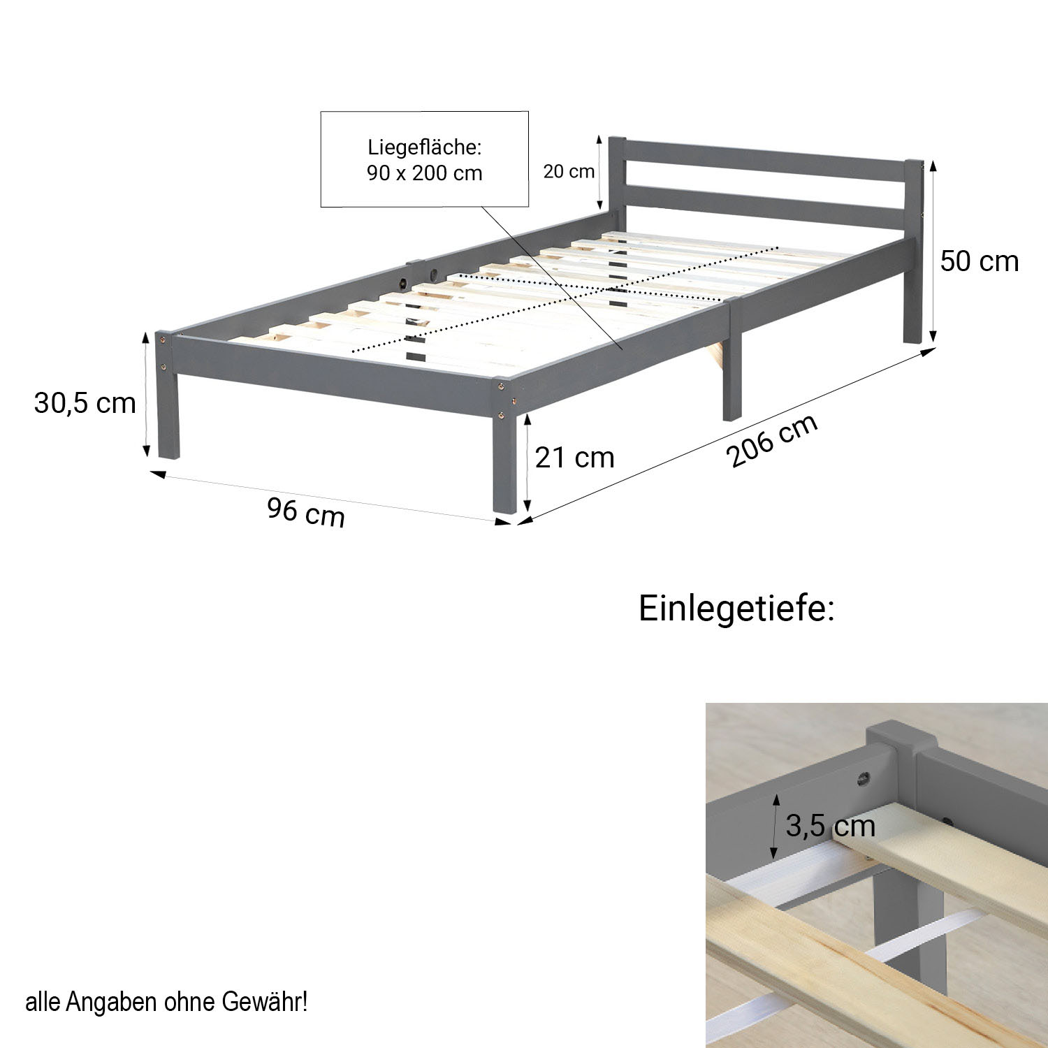 Lit Palette 90x200 cm Gris | Lit Simple | avec Sommier | Bois | Chambre Enfant, Adolescent, Invité