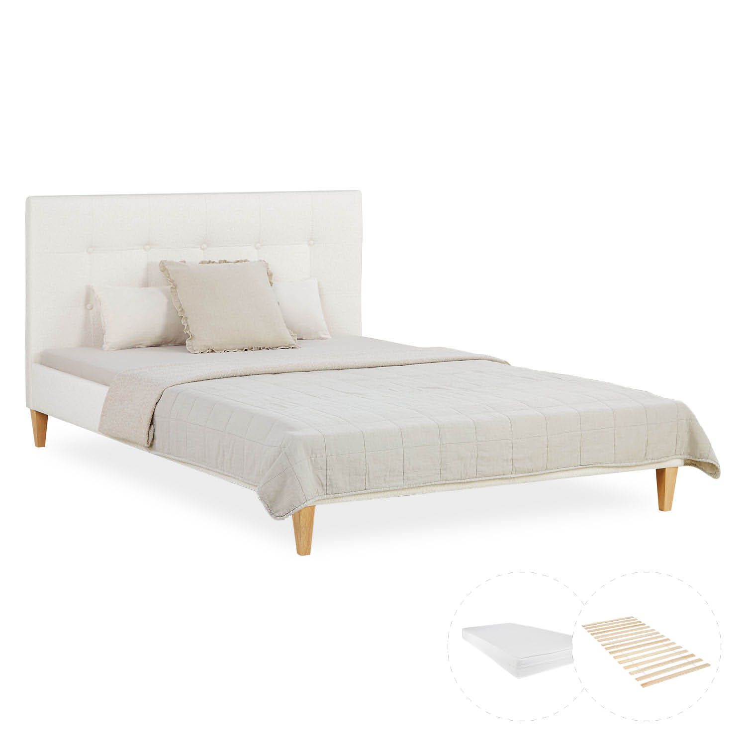 Small Double Bed 140x200 cm with Mattress Bouclé Beige Upholstered Bed with Slatted Frame Fabric Bed Frame