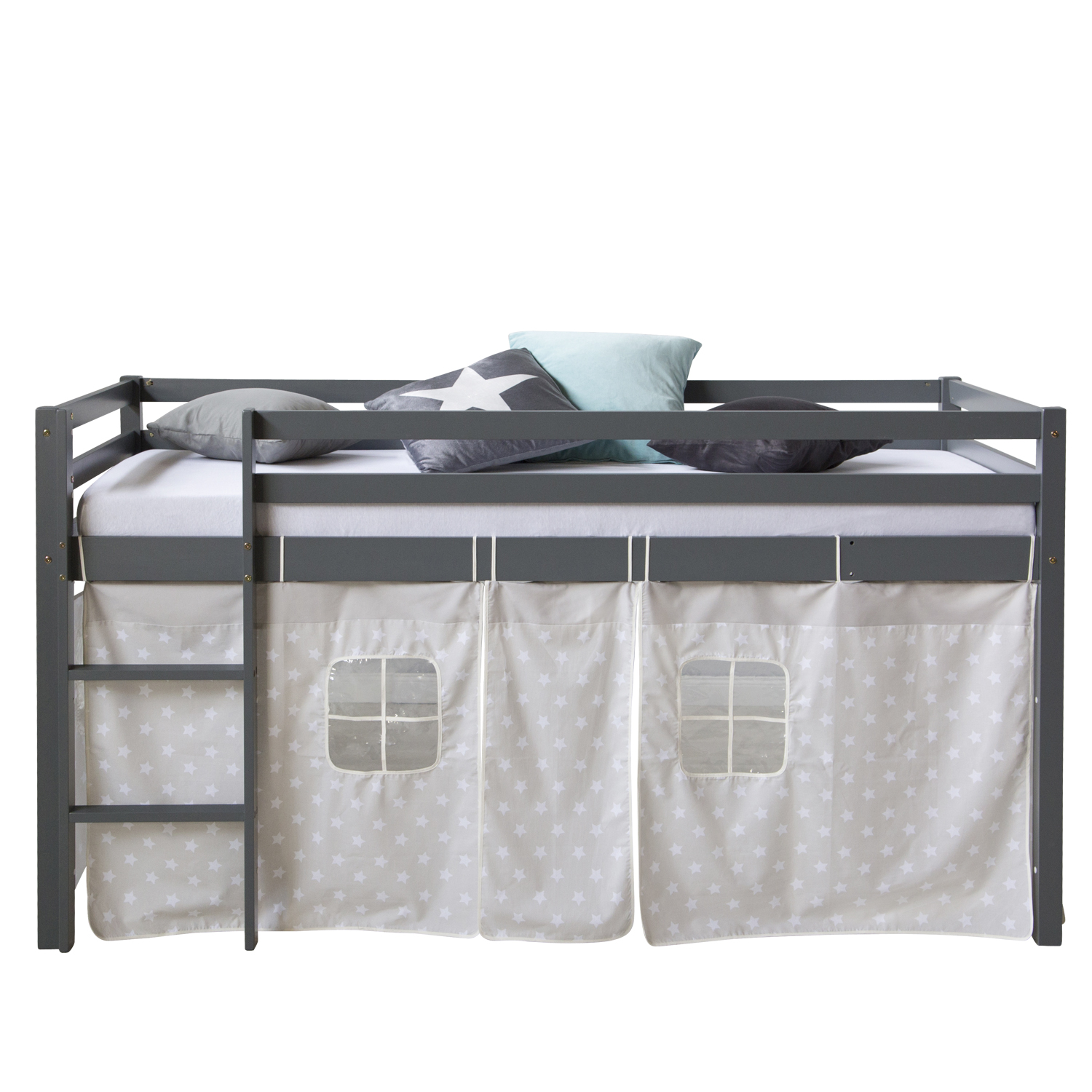 Loft Bed Kids 90x200 cm Gray with Curtain Stars | without Slatted Frame Loftbed 90x200 cm with Mattress Bunk bed Grey Childrens bed Solid Pine Wood Curtain Stars Slats