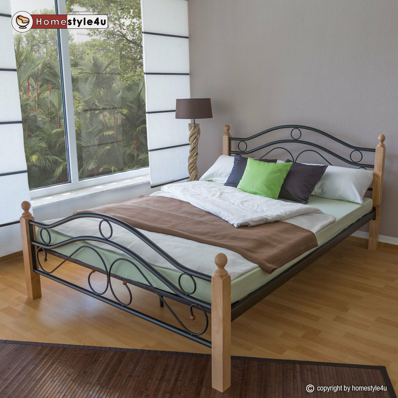 Metal Bed Iron Bed Double 180 x 200 Wood Slatted black natural bed frame 803 Metal Bed Iron Bed Double 160 x 200 Wood Slatted black natural bed frame 803