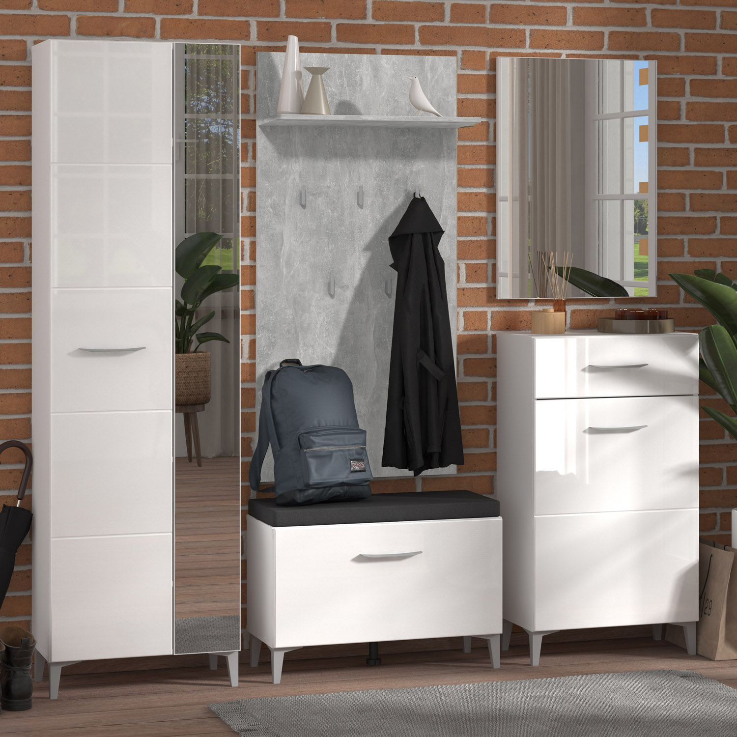 Wardrobe Hallway Furniture Set Hall Unit Hallway Wardrobe White High Gloss 5 Piece Concrete Look