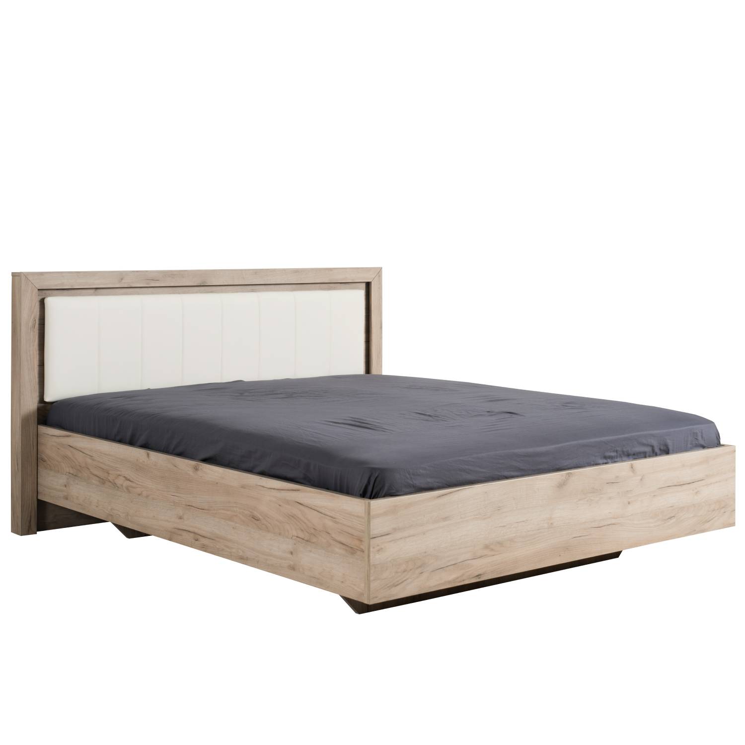 Lit en Bois Double Design en Cuir Rembourré 160x200 cm Cadre de Lit Chêne Gris Similicuir Blanc