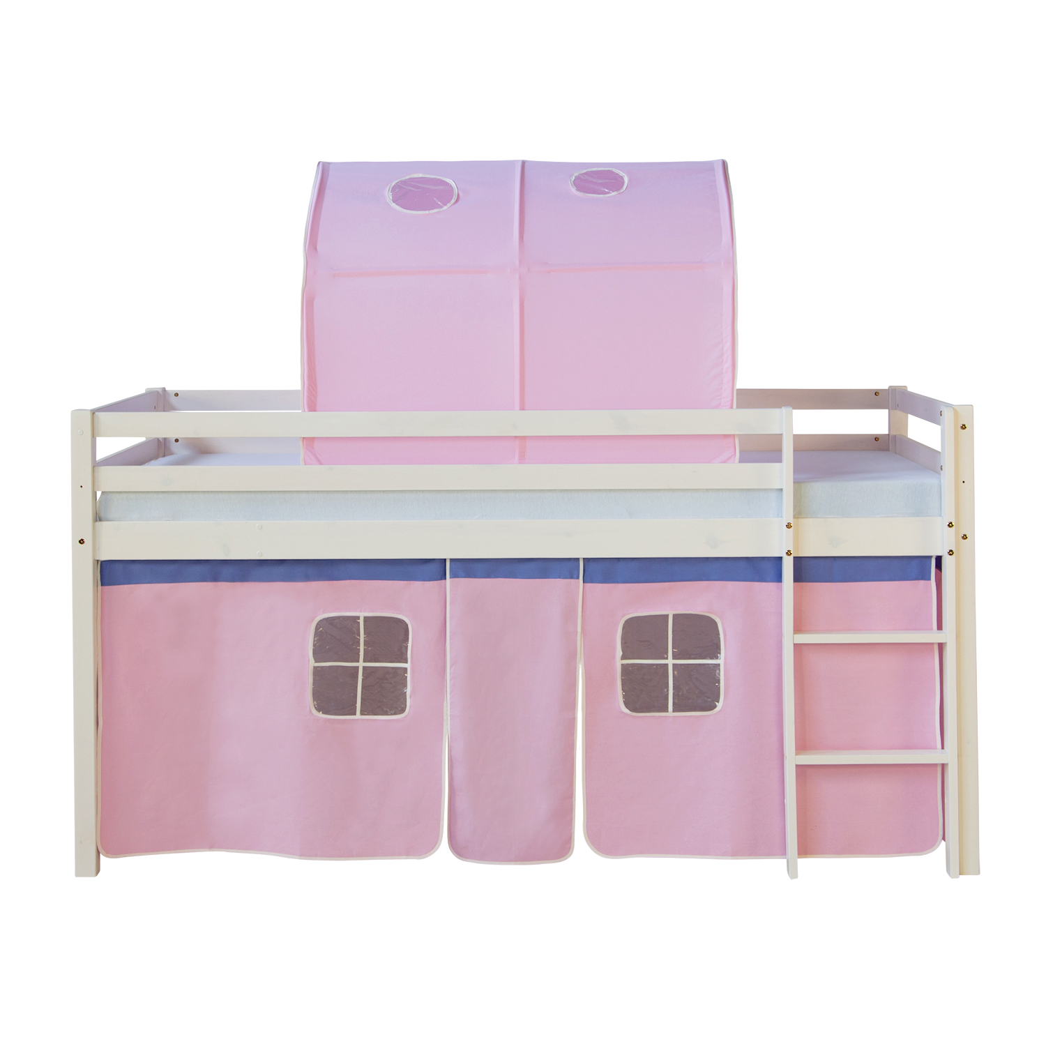 Loftbed 90x200 cm with Slats Bunk bed Childrens bed Tunnel Curtain Pink Solid Pine Wood