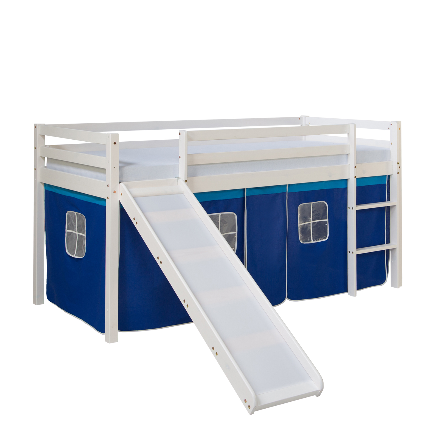 Loft Bed Kids 90x200 cm White with Curtain in Blue | Slide | without Slatted Frame Loftbed 90x200 cm Bunk bed Childrens bed Solid Pine Wood Tower Tunnel Curtain Blue Slide Mattress Slats