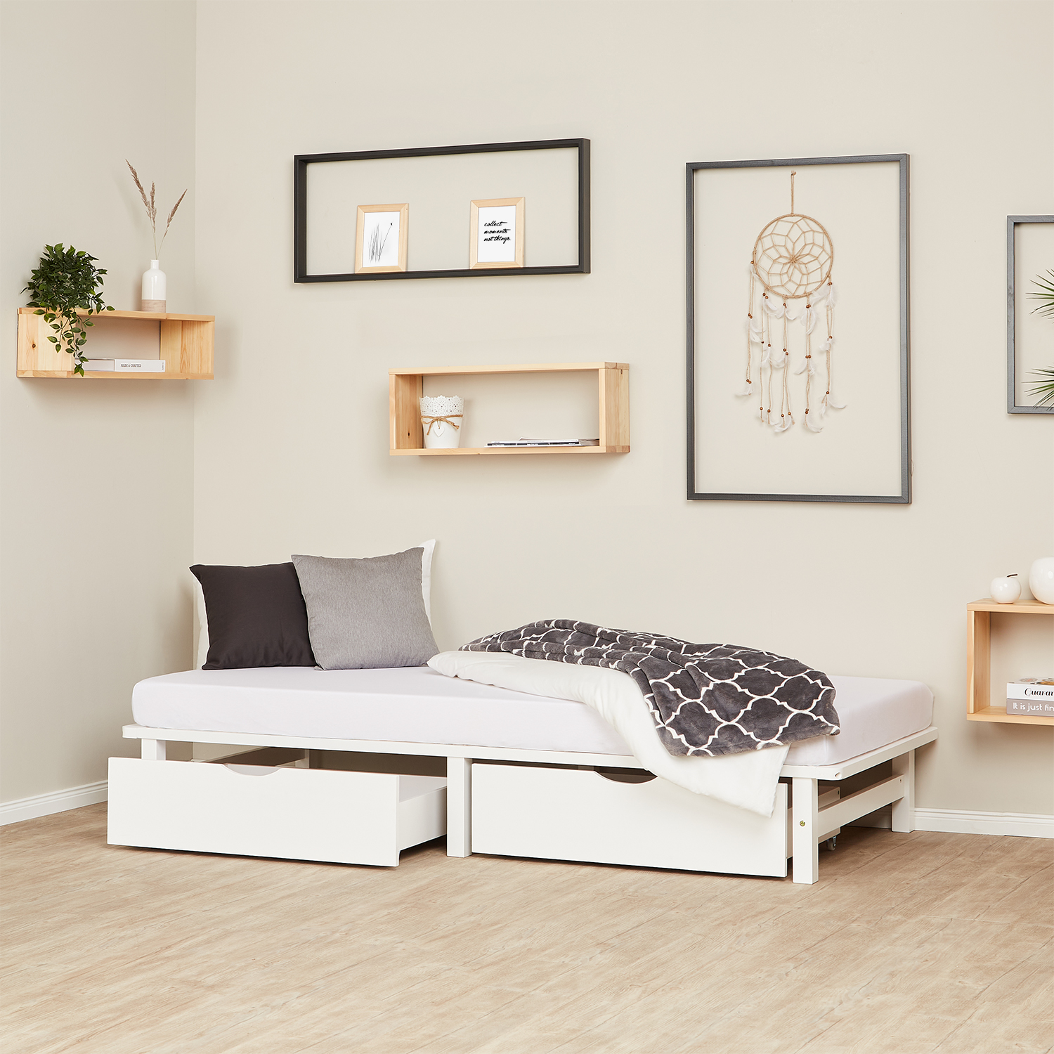 Pallet Bed 90x200 cm White | Single Bed with Storage Drawers | with Mattress | Wood | Kids Youth Guest Bedroom