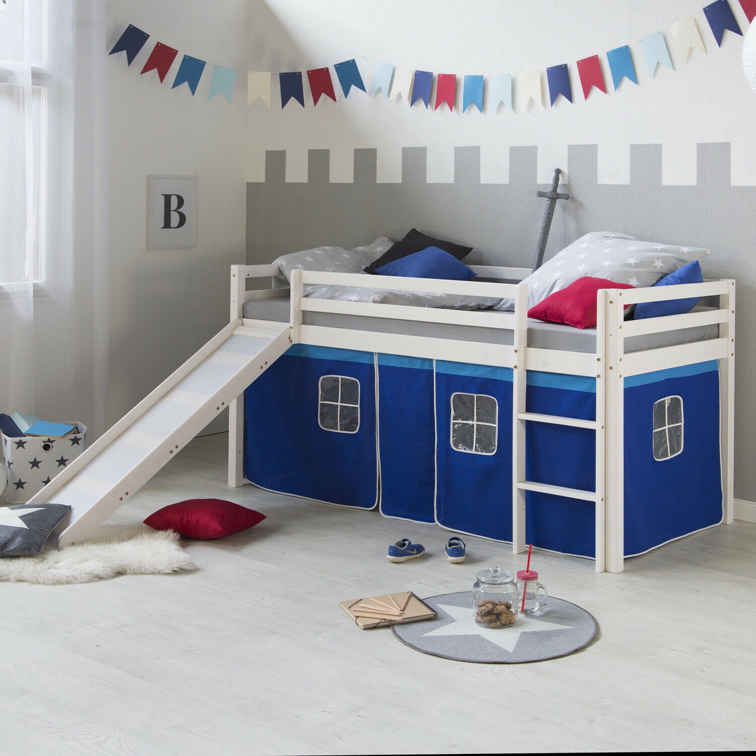 Loft Bed Kids 90x200 cm White with Curtain in Blue | Slide | without Slatted Frame Loft Bed Kids 90x200 cm White with Curtain in Blue | Slide | without Slatted Frame