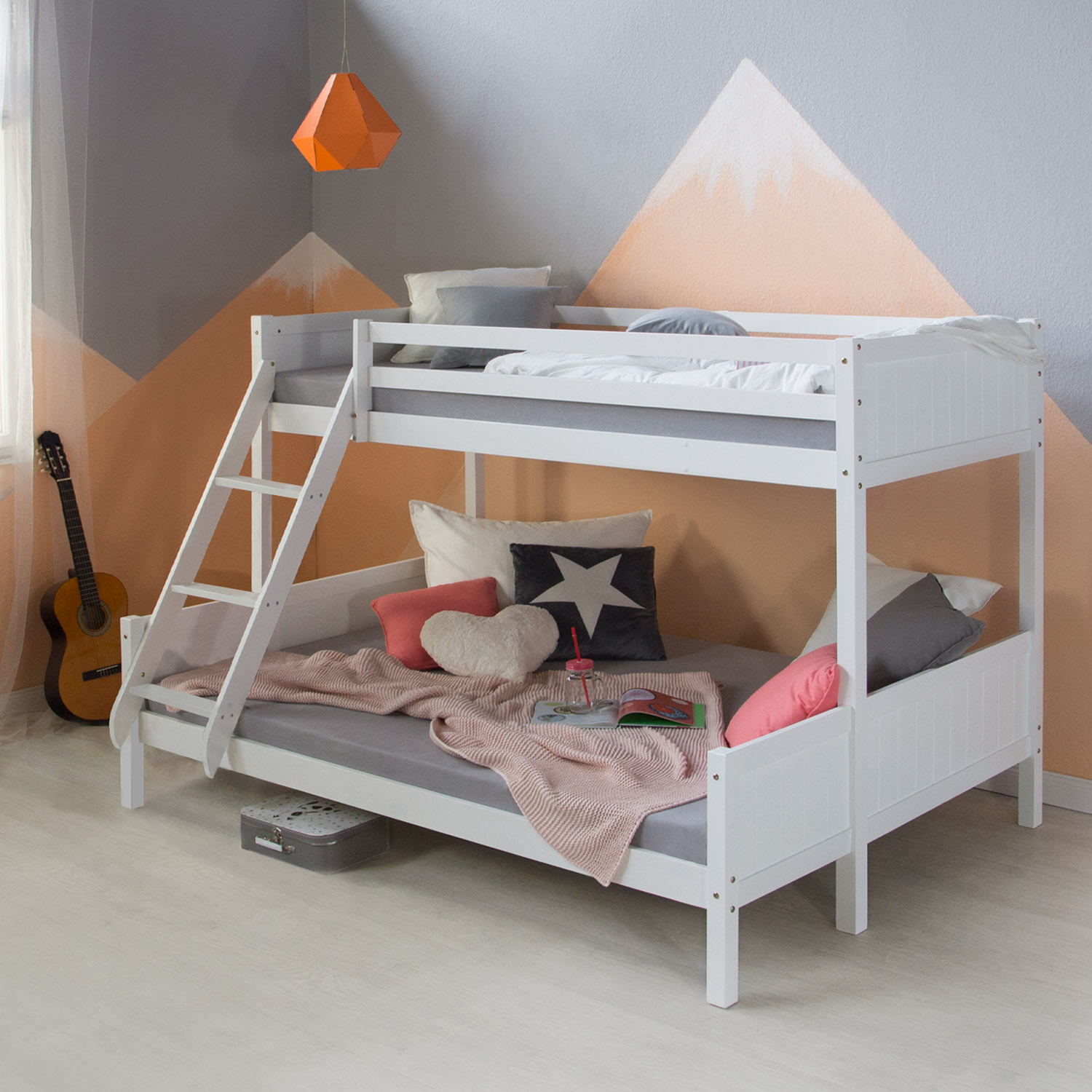 Kinderbett Etagenbett 90x200 und 140x200 Jugendbett Hochbett Weiß Holz mit Lattenrost 2 Matratzen