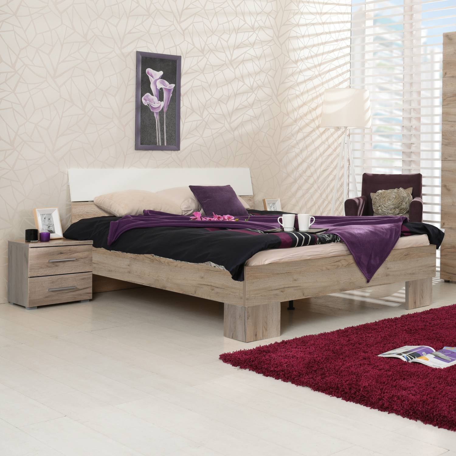 Wooden Double Queen Size Bed 160x200 cm Slatted Frame Bedroom Furniture Oak Grey White