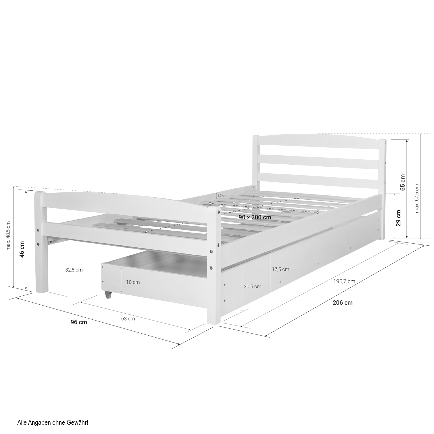 Wooden Bed 90x200 cm with drawer Youth Bed Single Bed Frame White