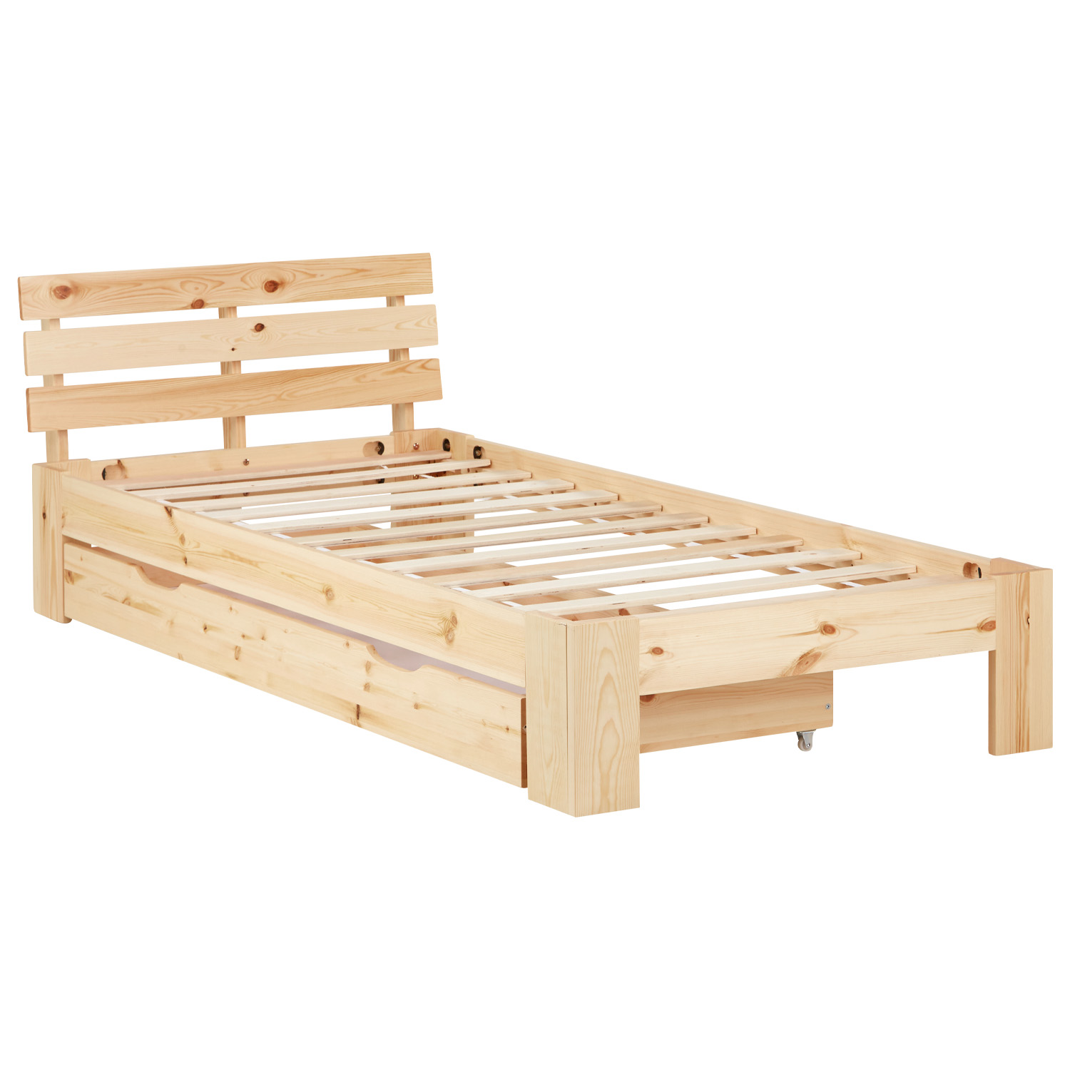 Wood Bed 90x200 cm Natural | Single Bed with Storage Drawer | with Slatted Frame | Solid | Kids Youth Guest Bedroom