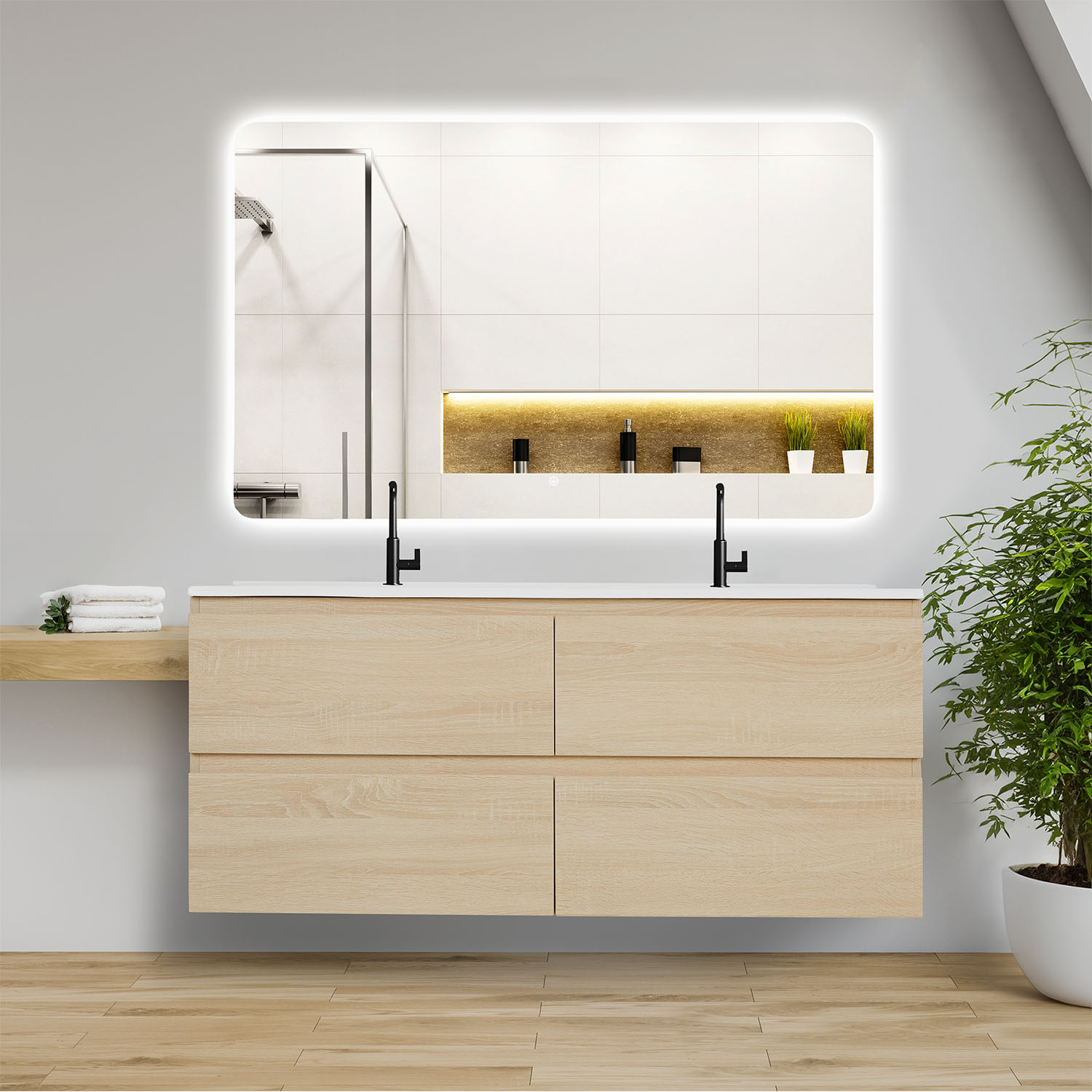 Bathroom mirror and cabinet 120 cm Natural Wood Oak Storage Vanity unit Bathroom furniture Double Sink unit Washroom wall cabinet 