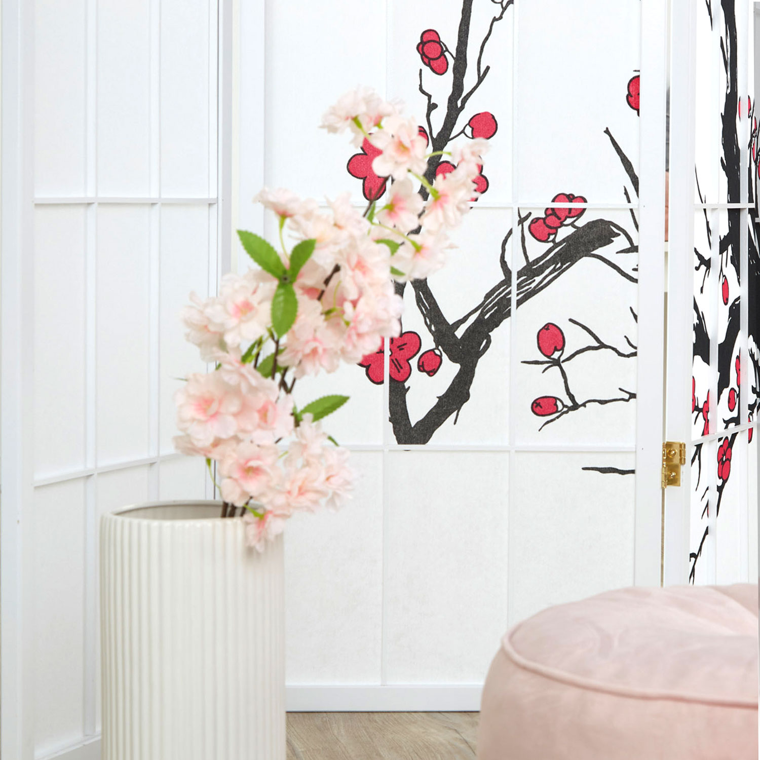 Screen room divider, 6 parts, wood rice paper white, cherry pattern, height 179 cm