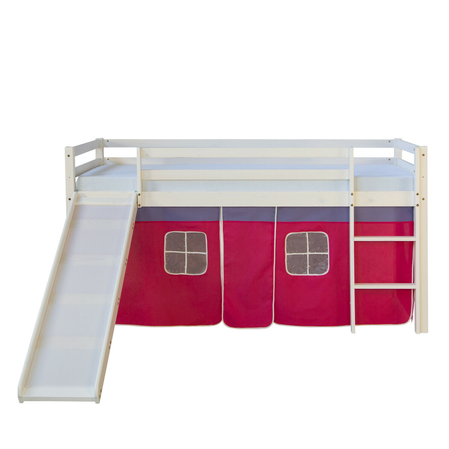 Loft Bed Kids 90x200 cm White with Curtain in Pink | Slide | without Slatted Frame Loft Bed Kids 90x200 cm White with Curtain in Pink | Slide | without Slatted Frame